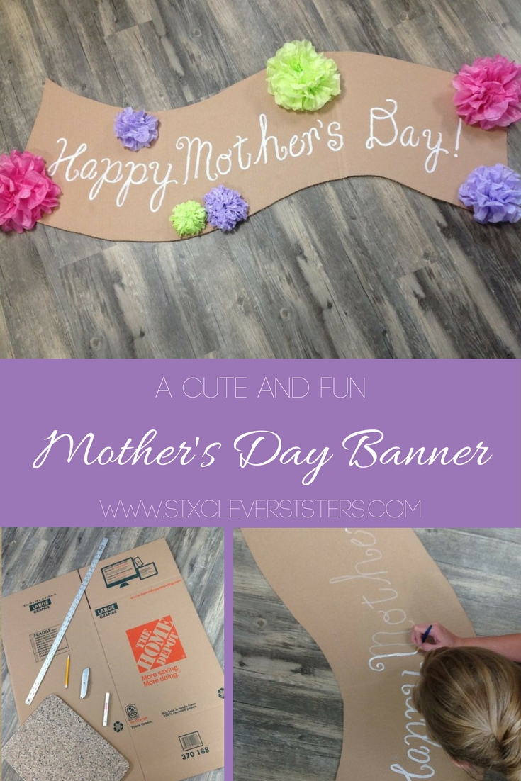 Mother's Day | Party | Cute Banner Idea | Mother's Day Decor | This easy to make banner adds a pretty festive look. Make it for Mother's Day or any other special holiday. It's cheap to make, too. Six Clever Sisters has an easy tutorial on making the banner as well as the tissue paper flowers.
