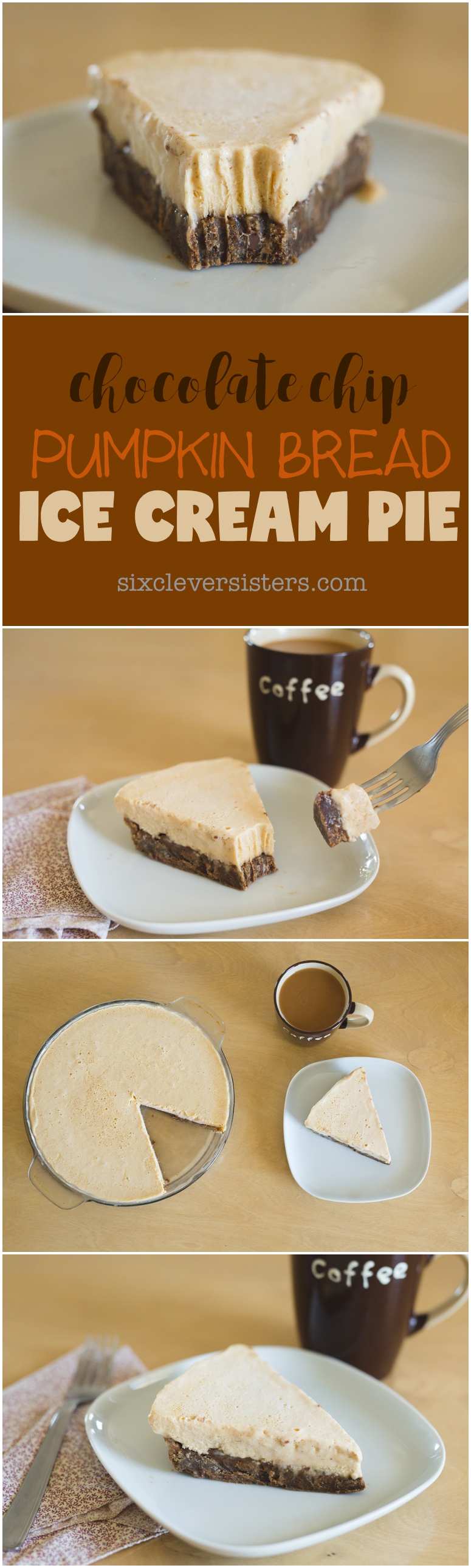 Ice Cream Cake | Pumpkin Bread Recipe | Chocolate Chip Cookie | Ice Cream Pie Recipe | Pumpkin Ice Cream | SixCleverSisters | This recipe combines creamy pumpkin ice cream with a rich chocolate chip pumpkin crust to create a delicious Chocolate Chip Pumpkin Bread Ice Cream Pie! For all you ice cream lovers that can't give up ice cream in the cold weather, this recipe is for you :-)