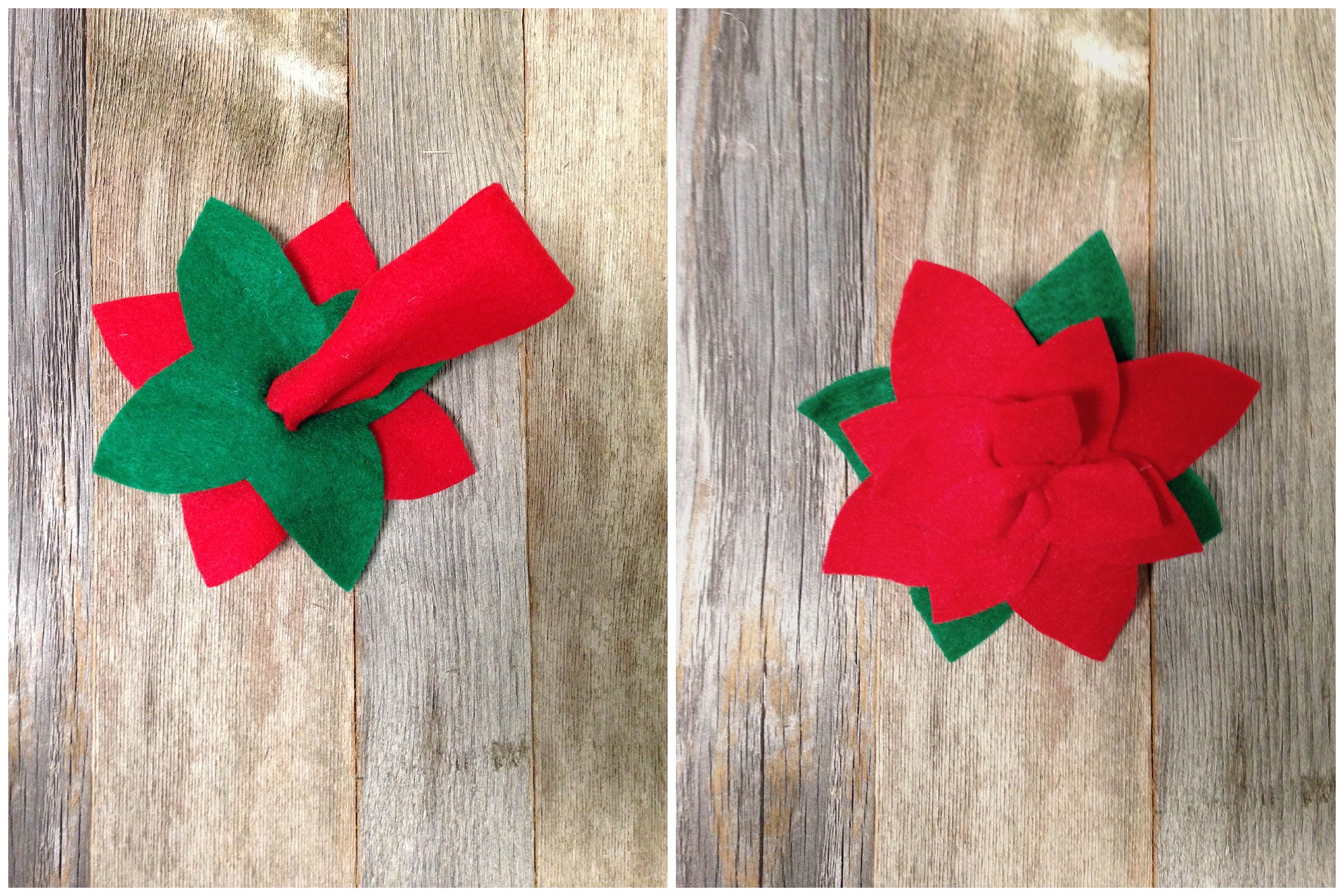 No Sew Project | Christmas | Christmas Decorations | Christmas Decor DIY | Christmas Crafts | Christmas Place Settings | Christmas Planning | Poinsettia | Poinsettia Napkin Rings | Christmas Crafts DIY | Looking for an easy no sew Christmas craft? You'll love how easy these are to make. All you need is some felt and our free pattern and you'll have these poinsettia napkin rings made in no time! Six Clever Sisters has the tutorial.