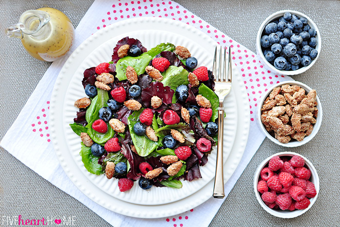 spring salad with mixed berries candied almonds and honey citrus vinaigrette Spring Salad Recipes | Healthy Recipes | Salad Recipes | Strawberry Spinach Salad | Best Salad Recipe | Vegan Recipes | Healthy Recipes | Healthy Meals | Salad Ideas | Easter Recipe Ideas | Easter Ideas