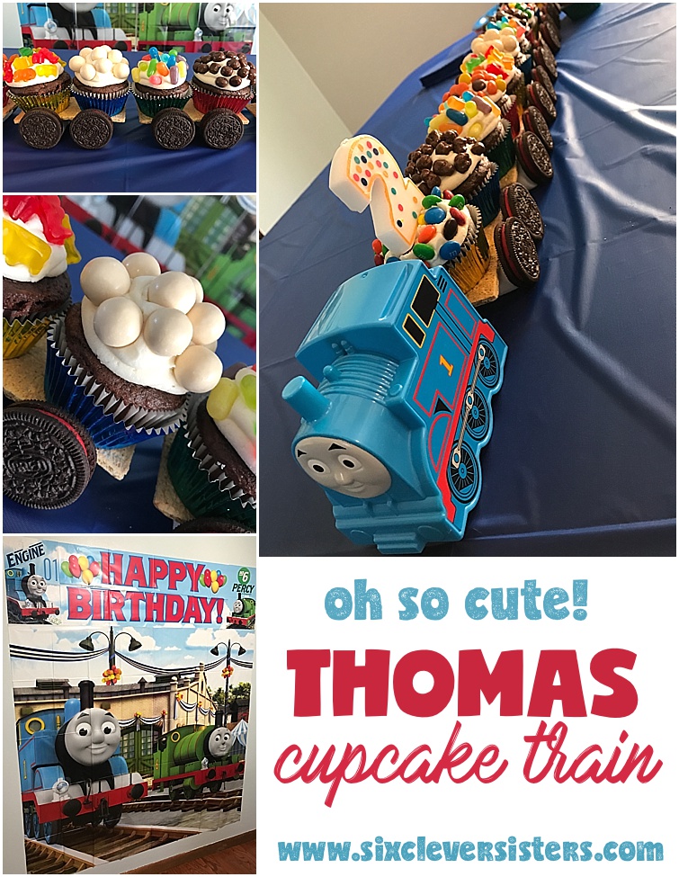 Thomas cupcake train | child birthday party | thomas the tank engine | cupcakes | birthday cake | thomas party | Make this adorable candy cupcake train for your little fella , instructions on Six Clever Sisters blog!