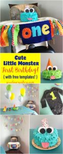 Cute Little Monster FIRST BIRTHDAY {with free templates!} | first birthday party | monster party | cake ideas | One year old | decorations | Check it out at Six Clever Sisters blog!