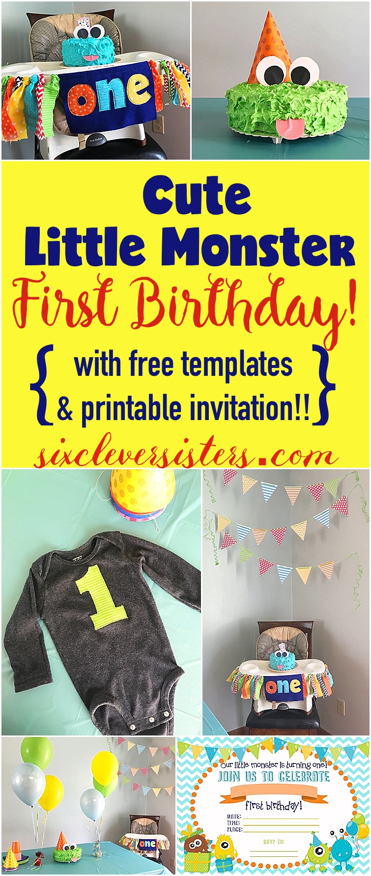 Cute Little Monster FIRST BIRTHDAY {with free templates!} | first birthday party | monster party | cake ideas | One year old | decorations | Check it out at Six Clever Sisters blog!