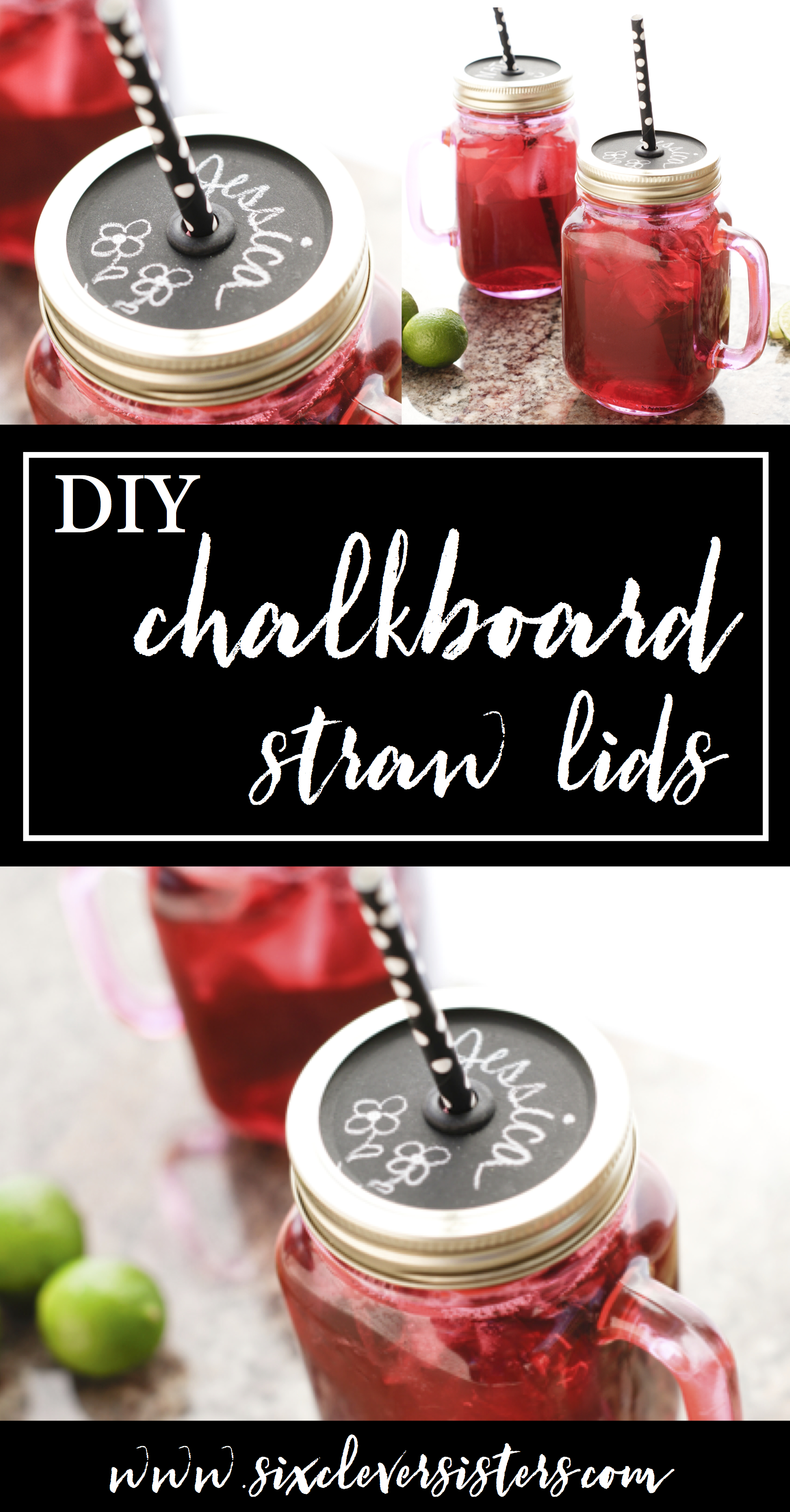 DIY Chalkboard Lids | Mason Jar Lids | Chalkboard Labels | DIY Gift Ideas | Mason Jar Crafts | Chalkboard Paint Crafts | Decorating Jar Lids | Gift Ideas | This easy #tutorial is on Six Clever Sisters. Find out how to make these diy chalkboard mason jar straw lids!