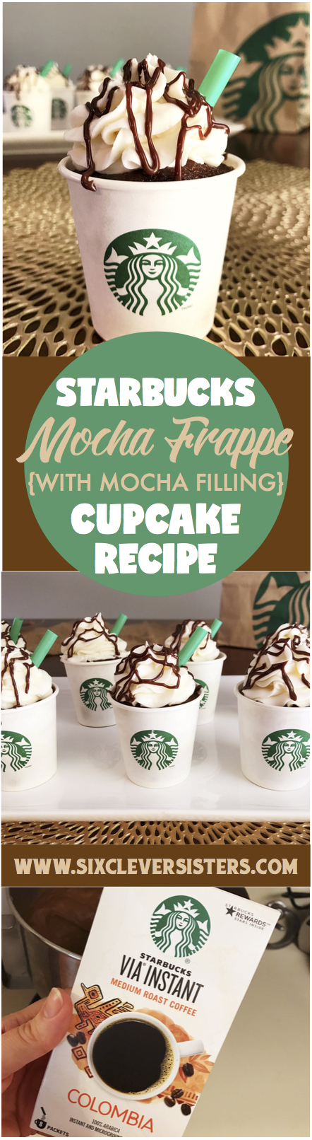 Starbucks Mocha Frappe Cupcakes | Mocha Filing | Starbucks Recipes | Cupcake Recipe | Party Food | Party | Coffee Lover | Starbucks Copycat | Starbucks Drinks | Chocolate Lover | Check out these Mocha Frappe Drinks on Six Clever Sisters!