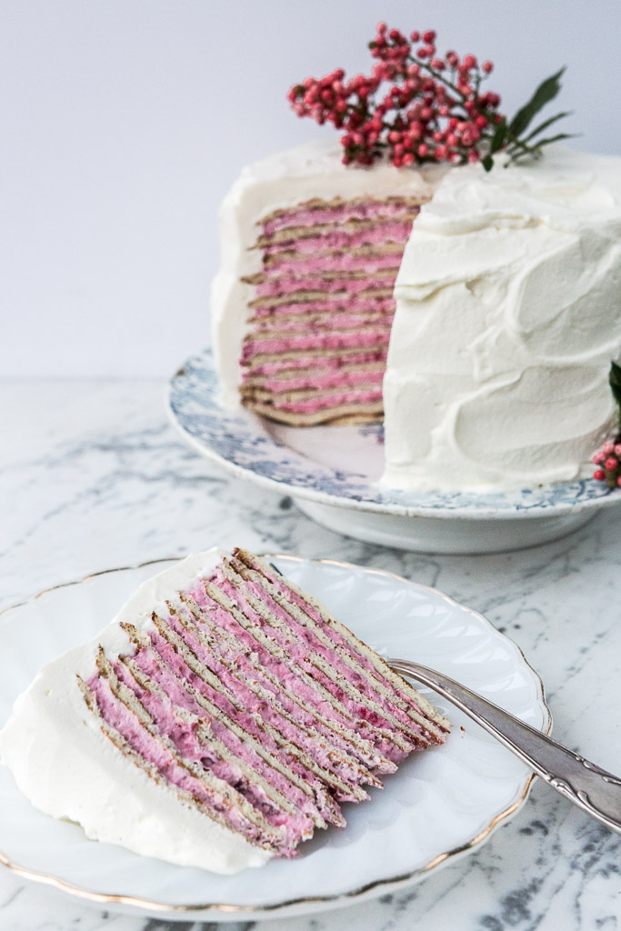 Spring Desserts | Gorgeous Dessert | Beautiful Cake Recipe | Summer Dessert Recipes | Yummy Desserts | Fruit Desserts | Chocolate Desserts | Fancy Elegant Desserts | Impressive Dessert Recipe | Eye Catching | Six Clever Sisters | Mothers Day Ideas | Mothers Day Recipe | Almond Crepe Cake with Raspberry Rose Cream