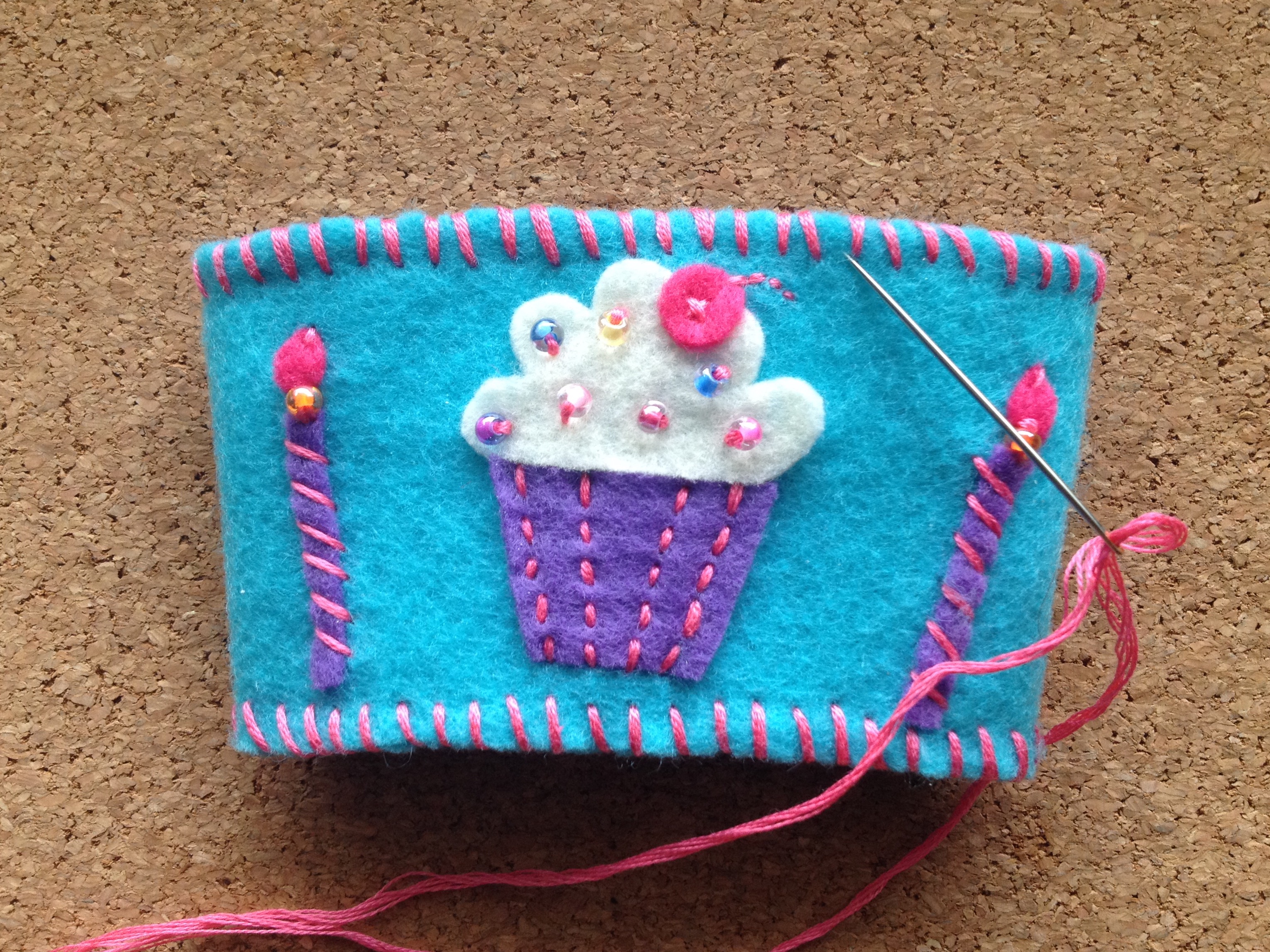 Birthday Gift | Cup Sleeve | Felt Coffee Cozy | Cupcake Candles | Beaded Cup Sleeve | Free Pattern | Felt Pattern | Birthday Idea | Party Ideas | Cute Gift Idea | DIY Gifts | DIY Felt | Six Clever Sisters