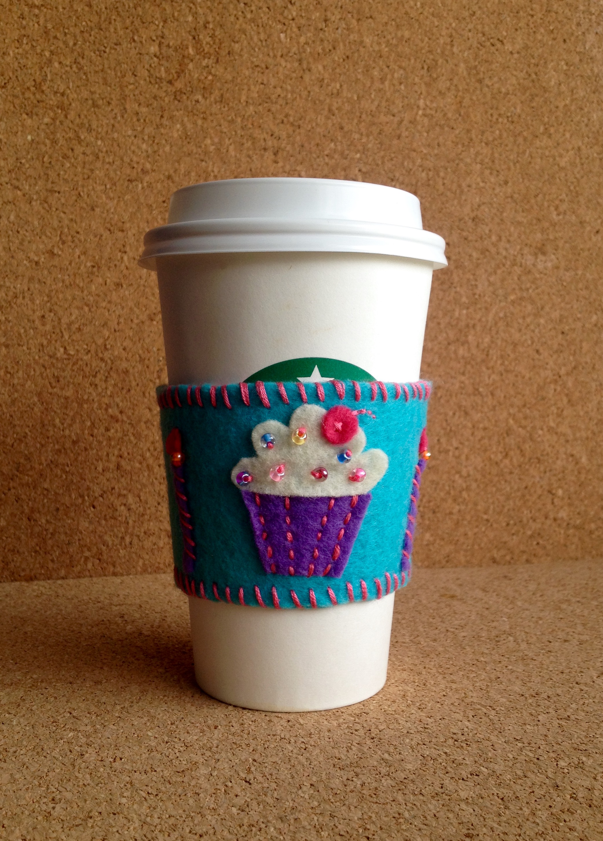 Birthday Gift | Cup Sleeve | Felt Coffee Cozy | Cupcake Candles | Beaded Cup Sleeve | Free Pattern | Felt Pattern | Birthday Idea | Party Ideas | Cute Gift Idea | DIY Gifts | DIY Felt | Six Clever Sisters