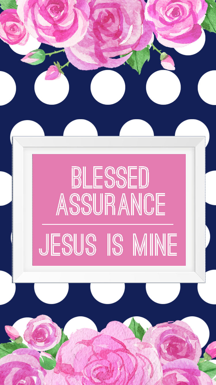 Navy Polka Dot Floral Blessed Assurance iPhone Wallpaper | Free Download | Hymn Art | Scripture Art | Bible Inspirational Quote | Free Printable | Go to Six Clever Sisters and download these super cute stylish free iPhone wallpapers! | Six Clever Sisters
