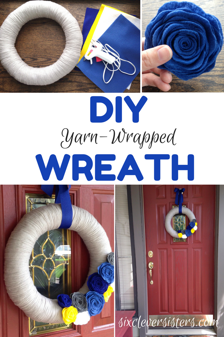 Wreaths | Wreaths For Front Door | Wreath DIY | Yarn Crafts | Yarn Wreath | Home Decor | Front Door Decor | Felt Crafts | Felt Flowers | Yarn Wrapped Wreath | DIY Gifts | Find the tutorial @ Six Clever Sisters for this easy diy decoration.