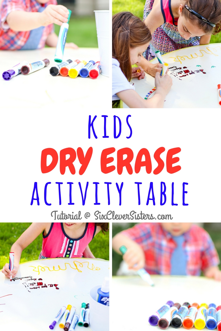 DIY Markerboard Table | Dry Erase Table | Kids' Activity Table | Kids' Markerboard Table | Markerboard Table Top | DIY Activity Table | Summer Fun Activity | Make this Kids' Activity Table for a fun summer activity for your kids! Find out how I made this for less than $20 at SixCleverSisters.com !!