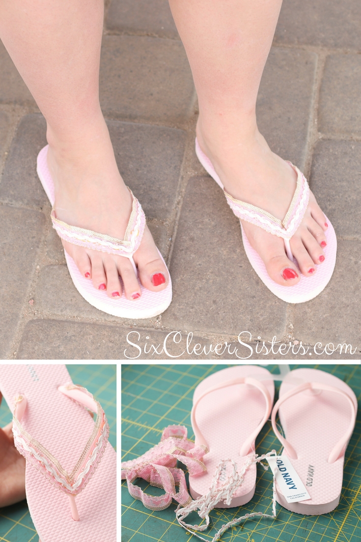 DIY Flip Flops | Flip Flop Makeover | Flip Flop | Pretty Flip Flops | DIY Flip Flop Fabric | DIY Flip Flop for Kids | Find out how to make these cute Fourth of July flip flops for kids at SixCleverSisters.com !