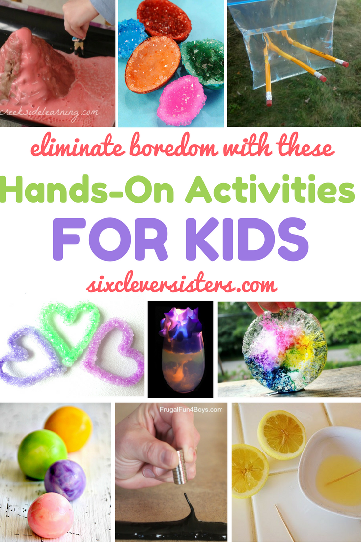 Kids Summer Activities | Kids Summer Activities At Home | Kids Science Experiments | Kids Science Experiments At Home | Kid Fun Activities | Screen Free Summer | Screen Free Activities | Kids Projects For Summer | Science Experiments For Kids | Activities For Kids | Projects For Kids | Hands On Activities For Kids | Boredom Busters | Looking for some great hands-on activities for the kids that will keep you from hearing them say they're bored?! List list has some great ideas! Check it out on Six Clever Sisters.
