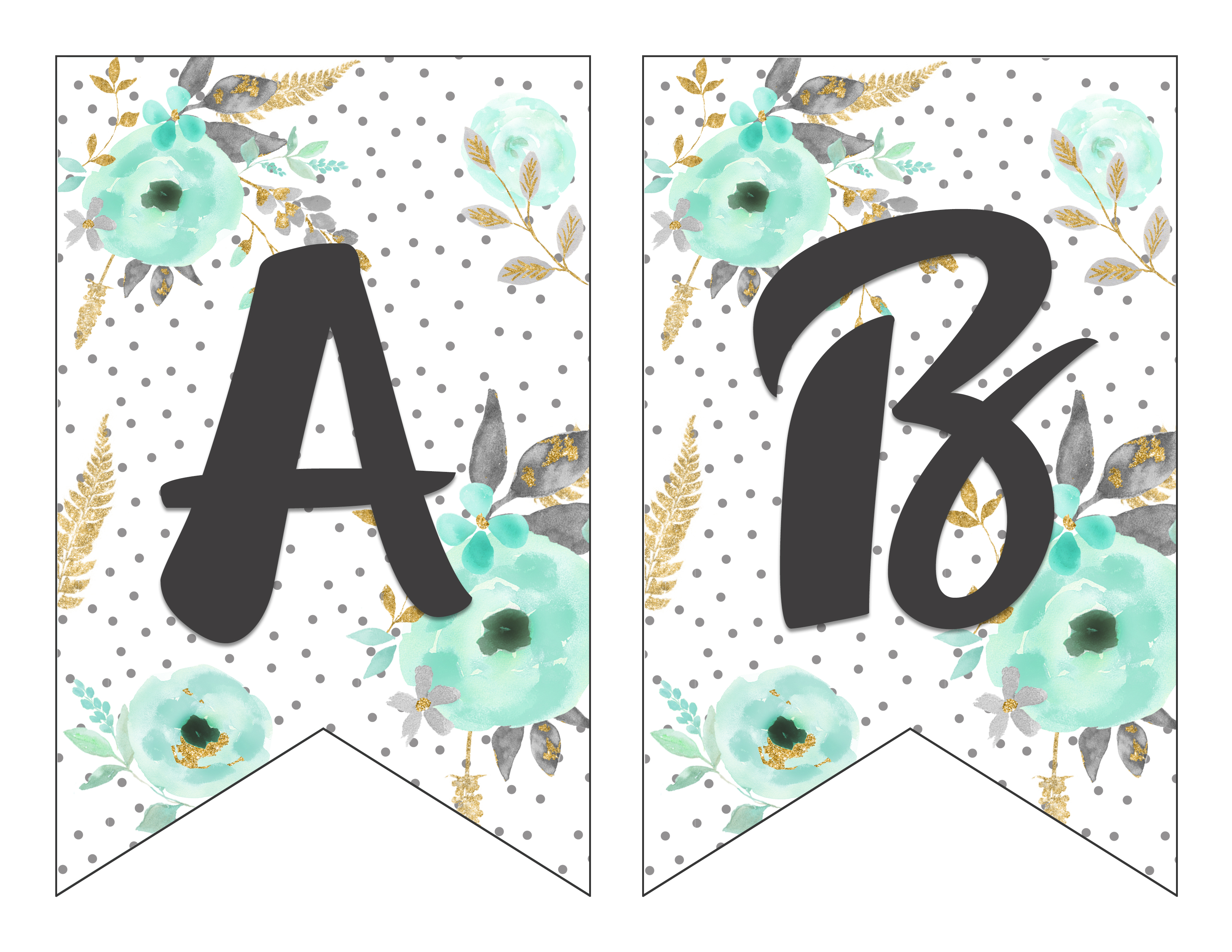 Free Printable Alphabet Banner Mint and Gold | Free Printable Letters for Banners | Free Printable Banner Letters Mint | Free Printable Banner Alphabet Mint | Decorating for your next party is easy when you download this gorgeous mint & gold floral alphabet banner on the Six Clever Sisters blog!!