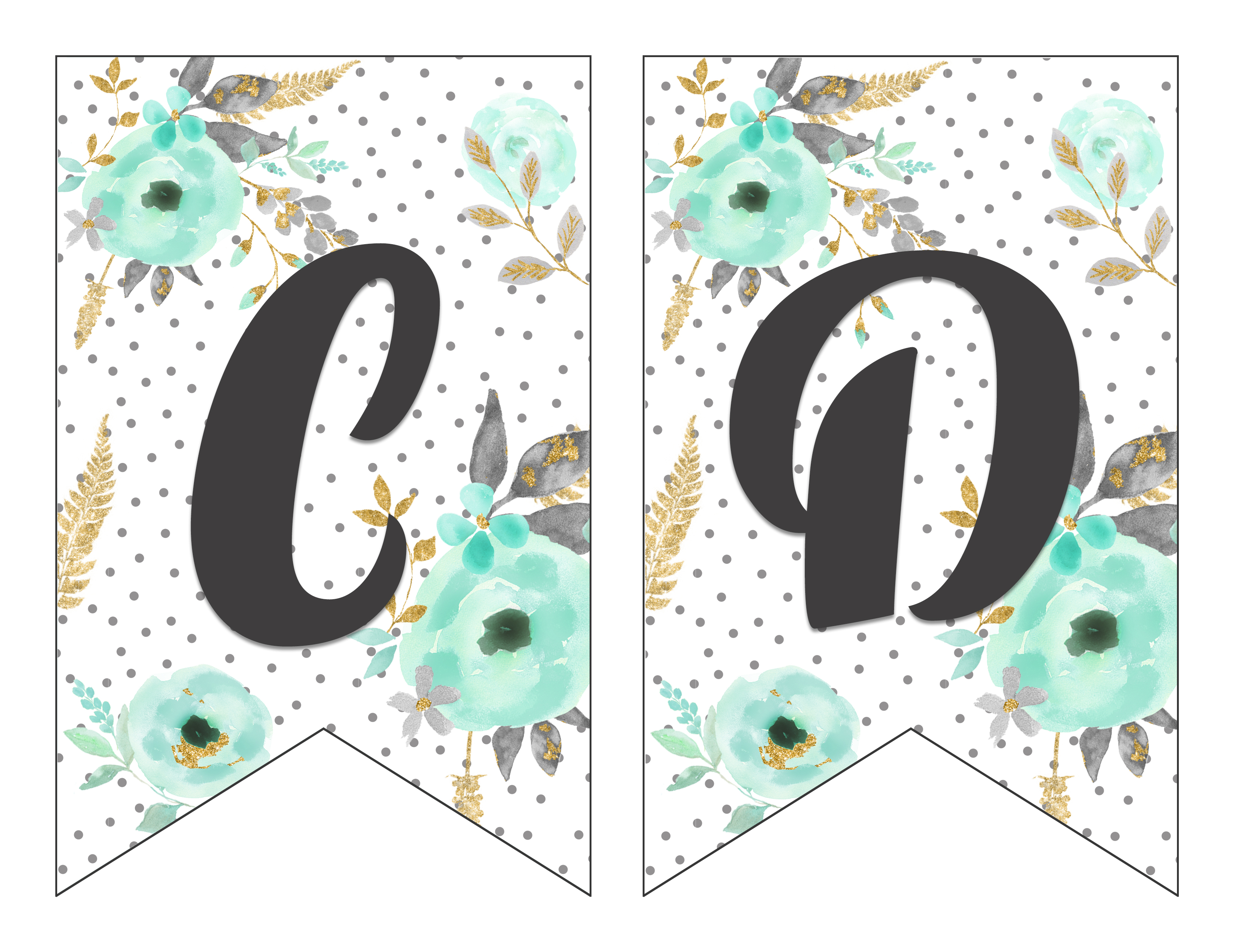 Free Printable Alphabet Banner Mint and Gold | Free Printable Letters for Banners | Free Printable Banner Letters Mint | Free Printable Banner Alphabet Mint | Decorating for your next party is easy when you download this gorgeous mint & gold floral alphabet banner on the Six Clever Sisters blog!!