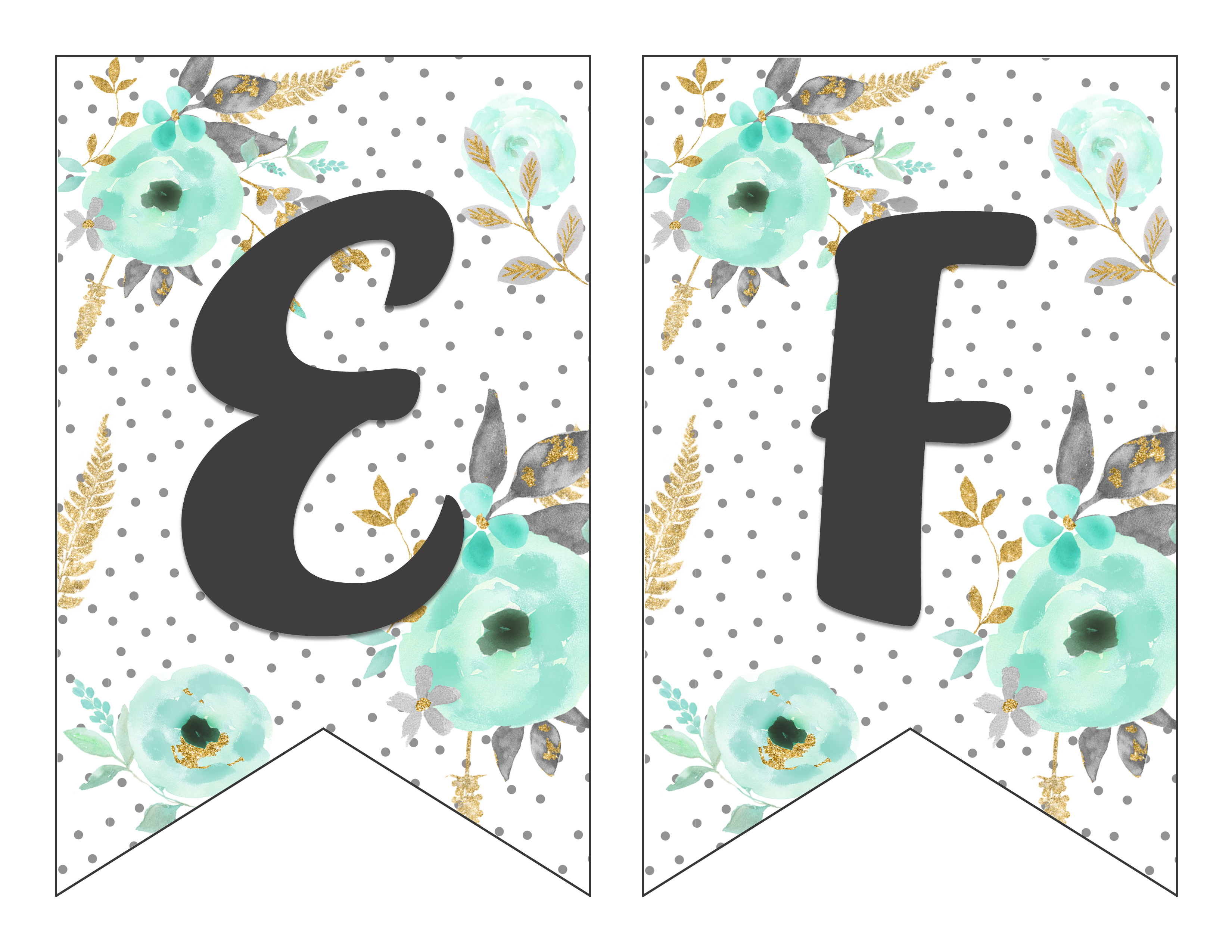 Free Printable Alphabet Banner Mint and Gold | Free Printable Letters for Banners | Free Printable Banner Letters Mint | Free Printable Banner Alphabet Mint | Decorating for your next party is easy when you download this gorgeous mint & gold floral alphabet banner on the Six Clever Sisters blog!!