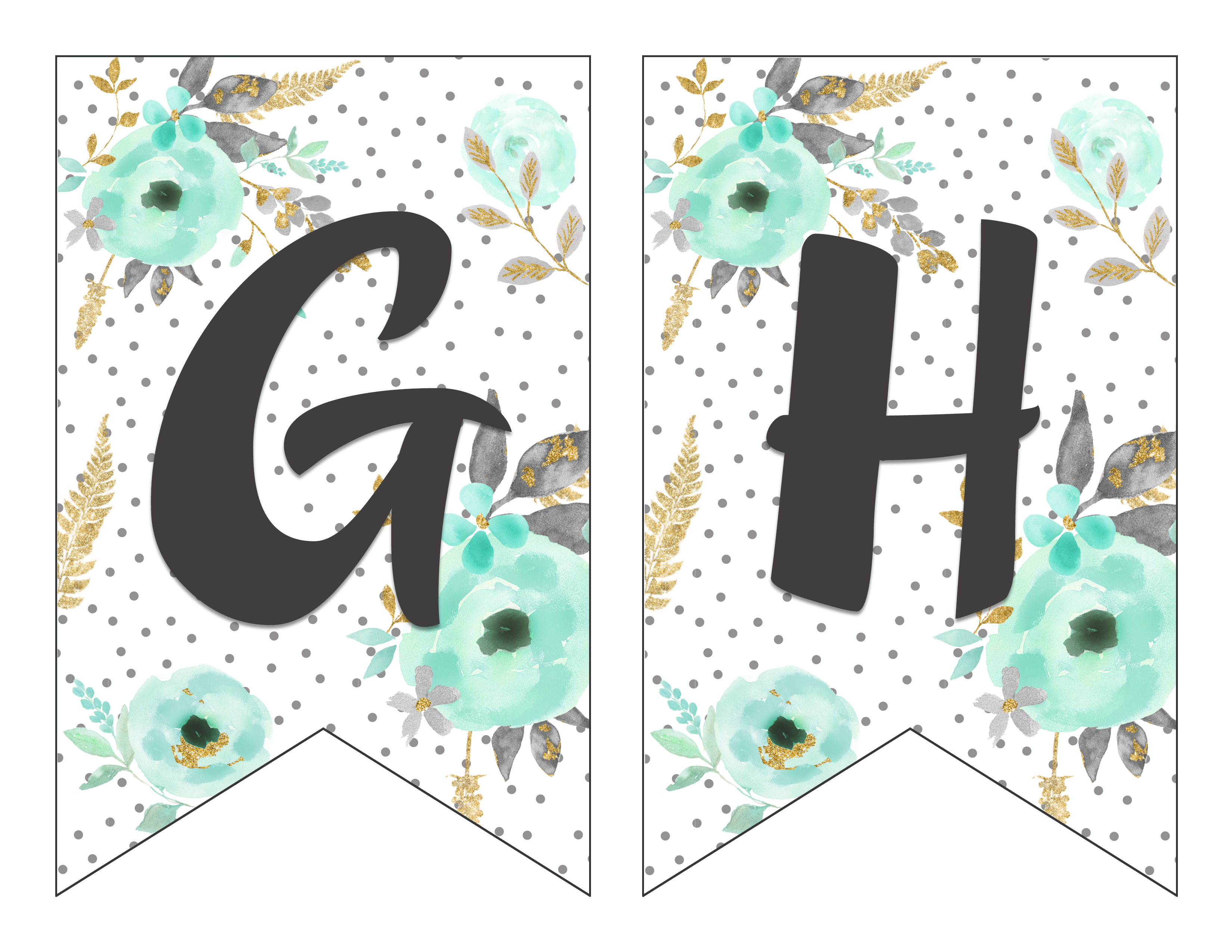 Free Printable Alphabet Banner Mint and Gold | Free Printable Letters for Banners | Free Printable Banner Letters Mint | Free Printable Banner Alphabet Mint | Decorating for your next party is easy when you download this gorgeous mint & gold floral alphabet banner on the Six Clever Sisters blog!!