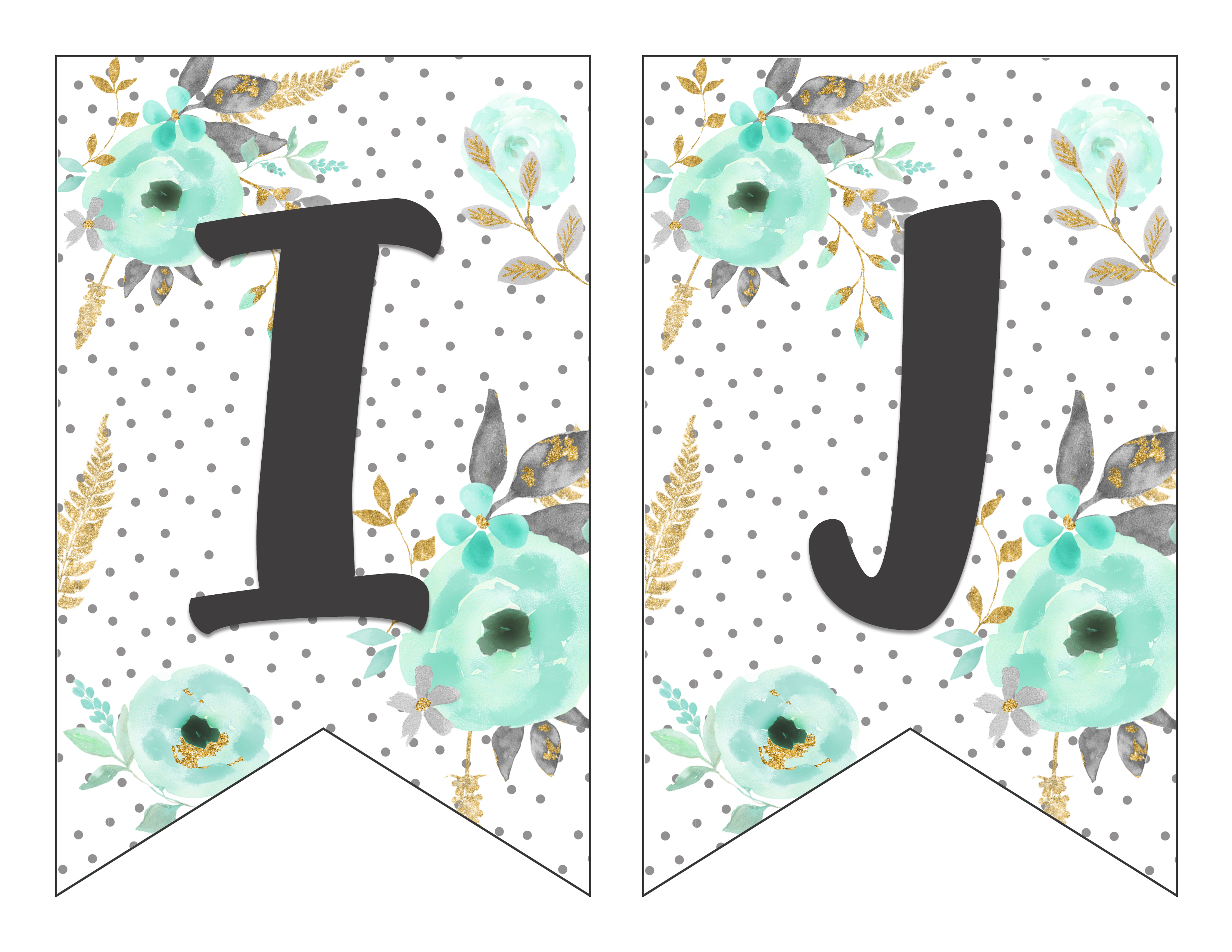 Free Printable Alphabet Banner Mint and Gold | Free Printable Letters for Banners | Free Printable Banner Letters Mint | Free Printable Banner Alphabet Mint | Decorating for your next party is easy when you download this gorgeous mint & gold floral alphabet banner on the Six Clever Sisters blog!!