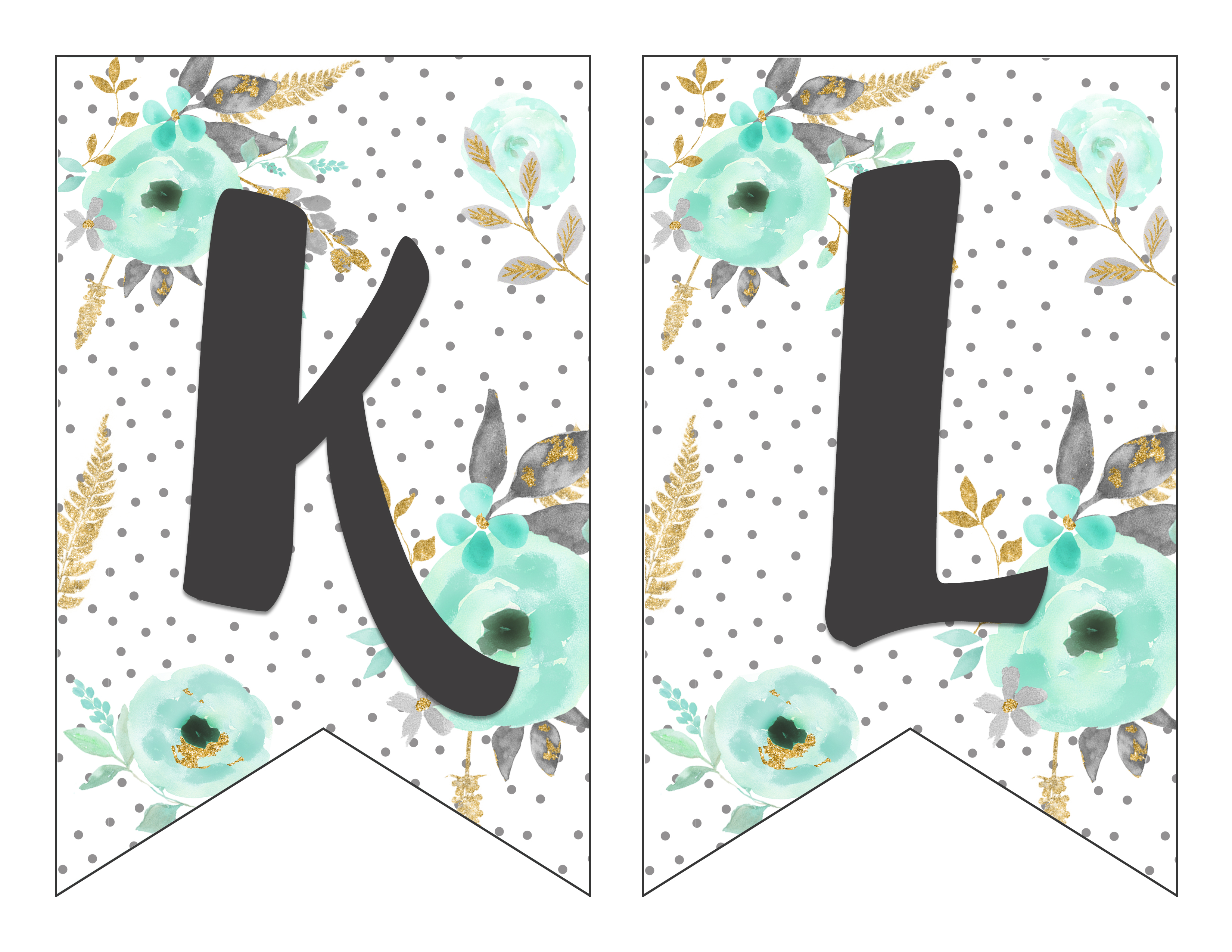 Free Printable Alphabet Banner Mint and Gold | Free Printable Letters for Banners | Free Printable Banner Letters Mint | Free Printable Banner Alphabet Mint | Decorating for your next party is easy when you download this gorgeous mint & gold floral alphabet banner on the Six Clever Sisters blog!!