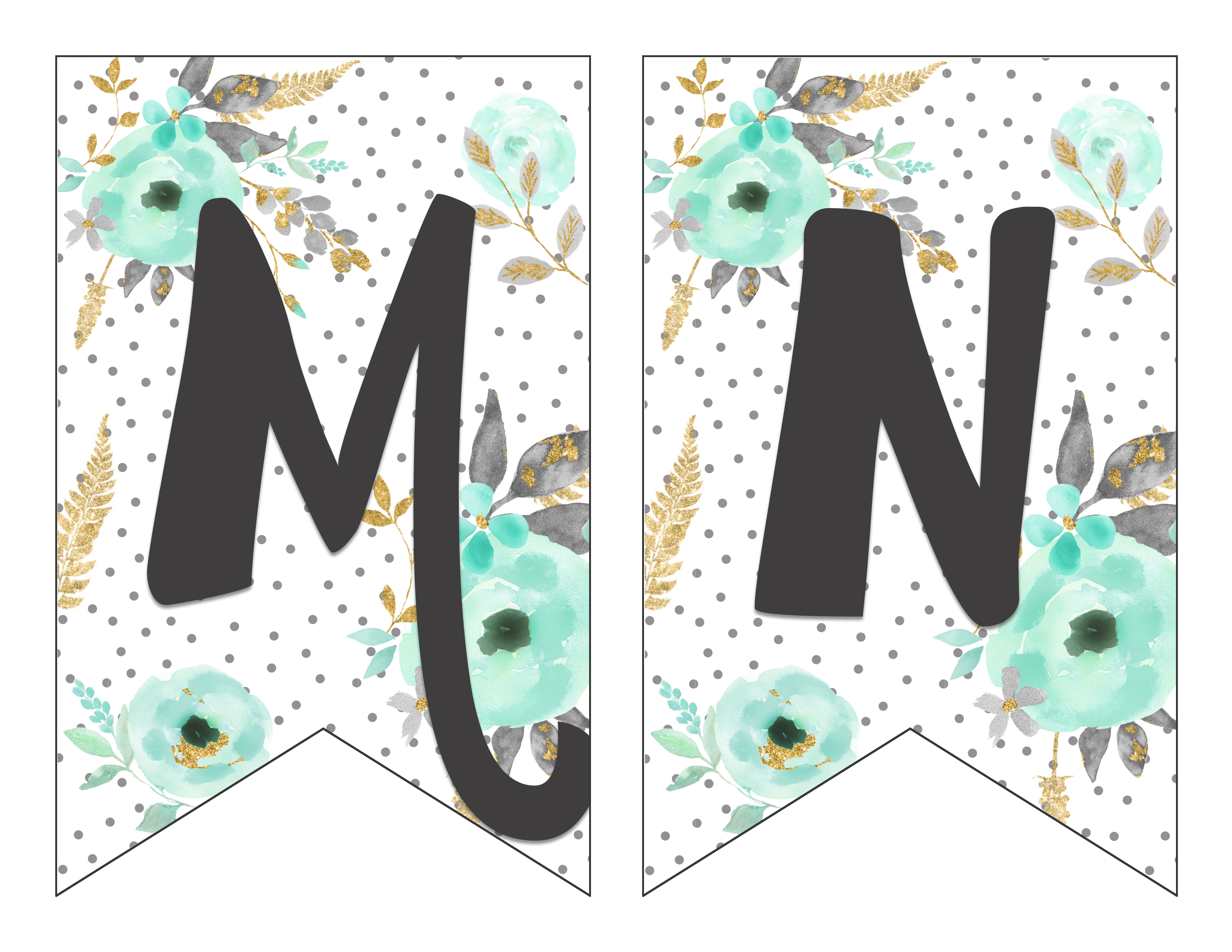 Free Printable Alphabet Banner Mint and Gold | Free Printable Letters for Banners | Free Printable Banner Letters Mint | Free Printable Banner Alphabet Mint | Decorating for your next party is easy when you download this gorgeous mint & gold floral alphabet banner on the Six Clever Sisters blog!!