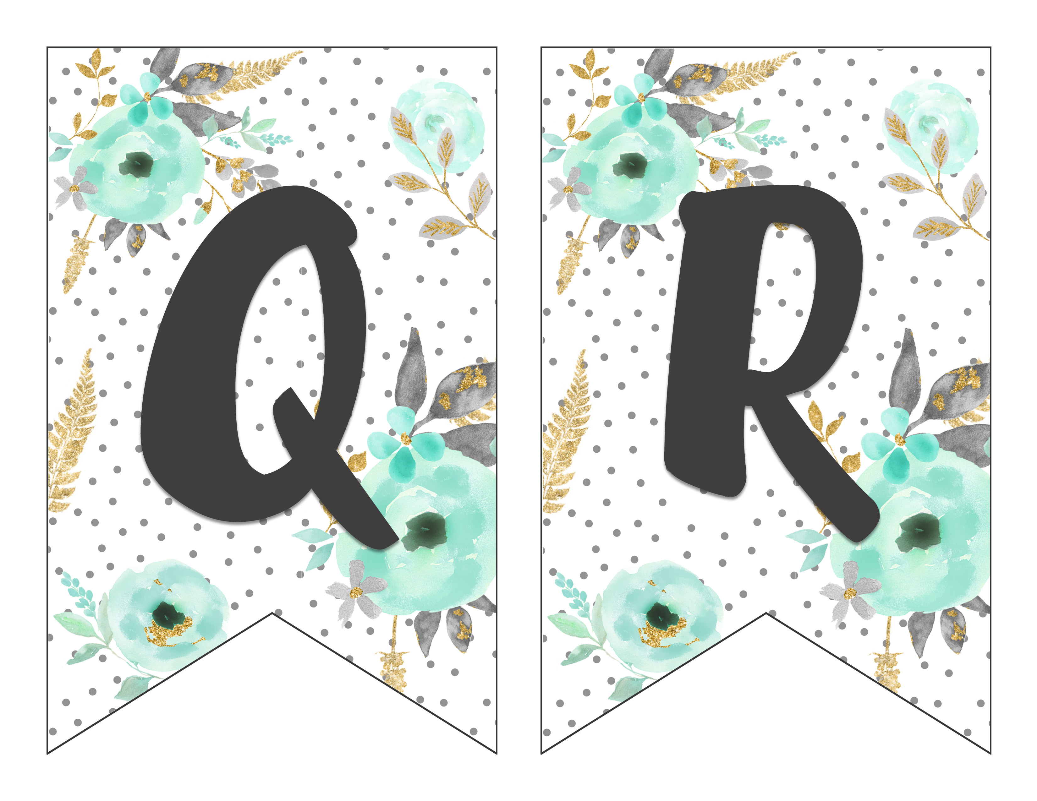 Free Printable Alphabet Banner Mint and Gold | Free Printable Letters for Banners | Free Printable Banner Letters Mint | Free Printable Banner Alphabet Mint | Decorating for your next party is easy when you download this gorgeous mint & gold floral alphabet banner on the Six Clever Sisters blog!!