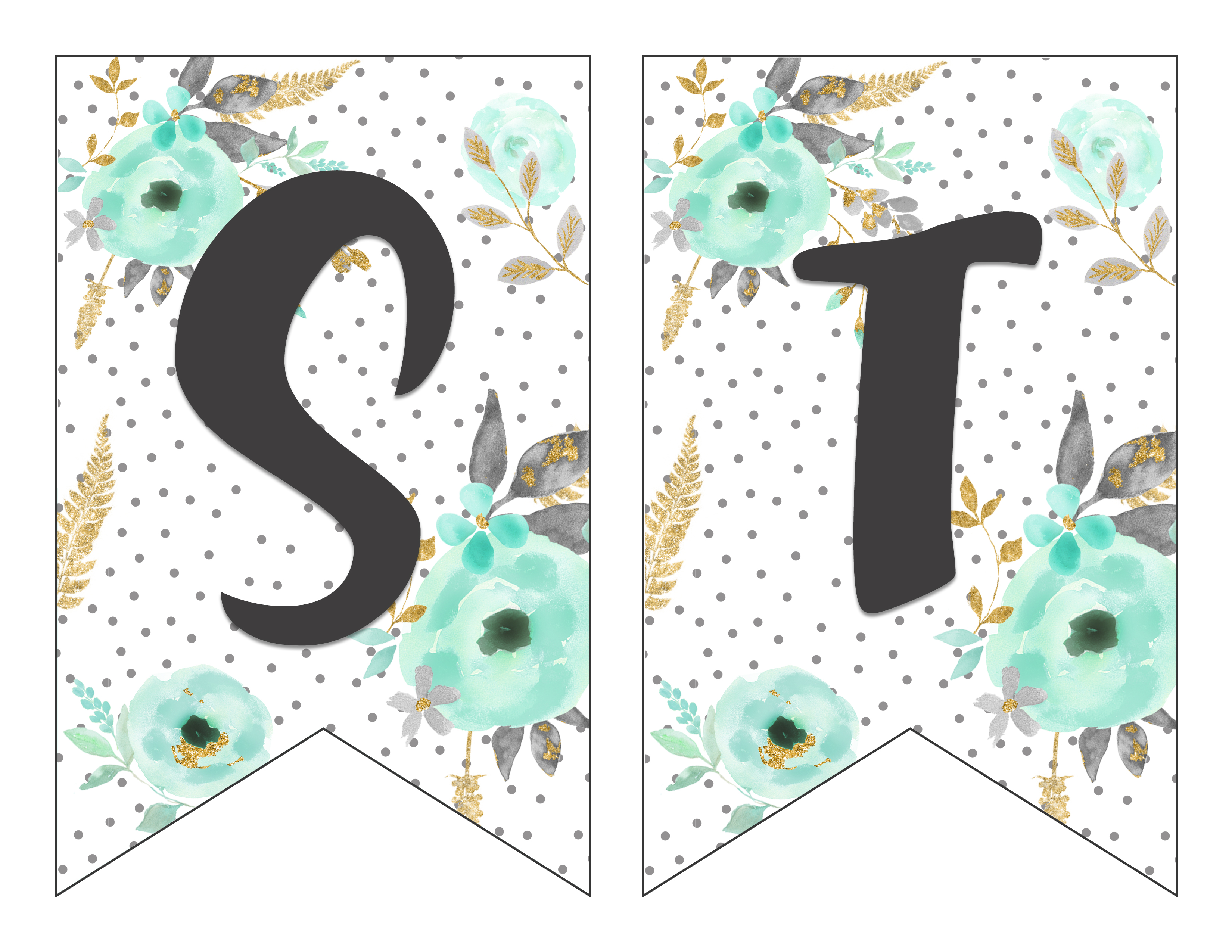 Free Printable Alphabet Banner Mint and Gold | Free Printable Letters for Banners | Free Printable Banner Letters Mint | Free Printable Banner Alphabet Mint | Decorating for your next party is easy when you download this gorgeous mint & gold floral alphabet banner on the Six Clever Sisters blog!!