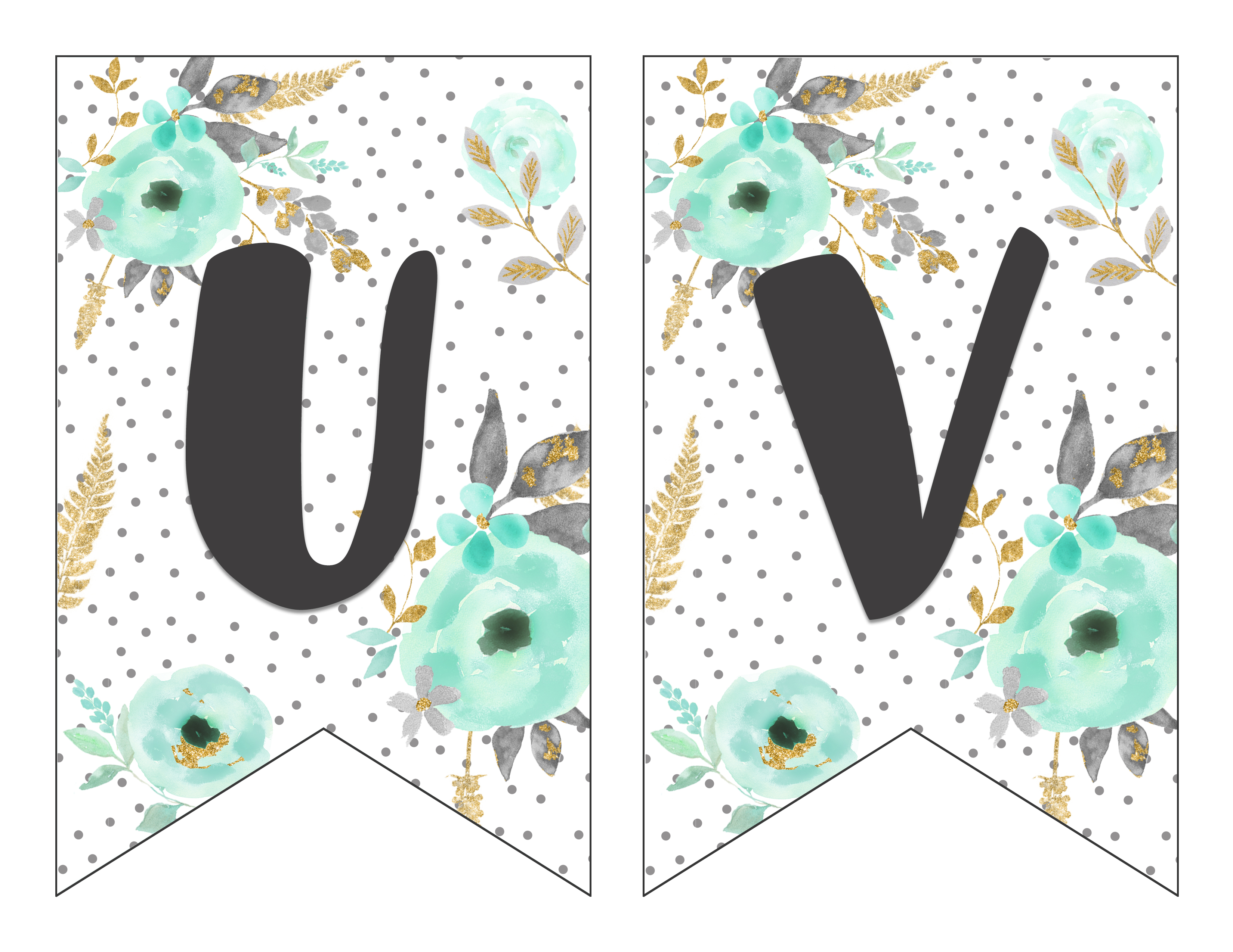 Free Printable Alphabet Banner Mint and Gold | Free Printable Letters for Banners | Free Printable Banner Letters Mint | Free Printable Banner Alphabet Mint | Decorating for your next party is easy when you download this gorgeous mint & gold floral alphabet banner on the Six Clever Sisters blog!!