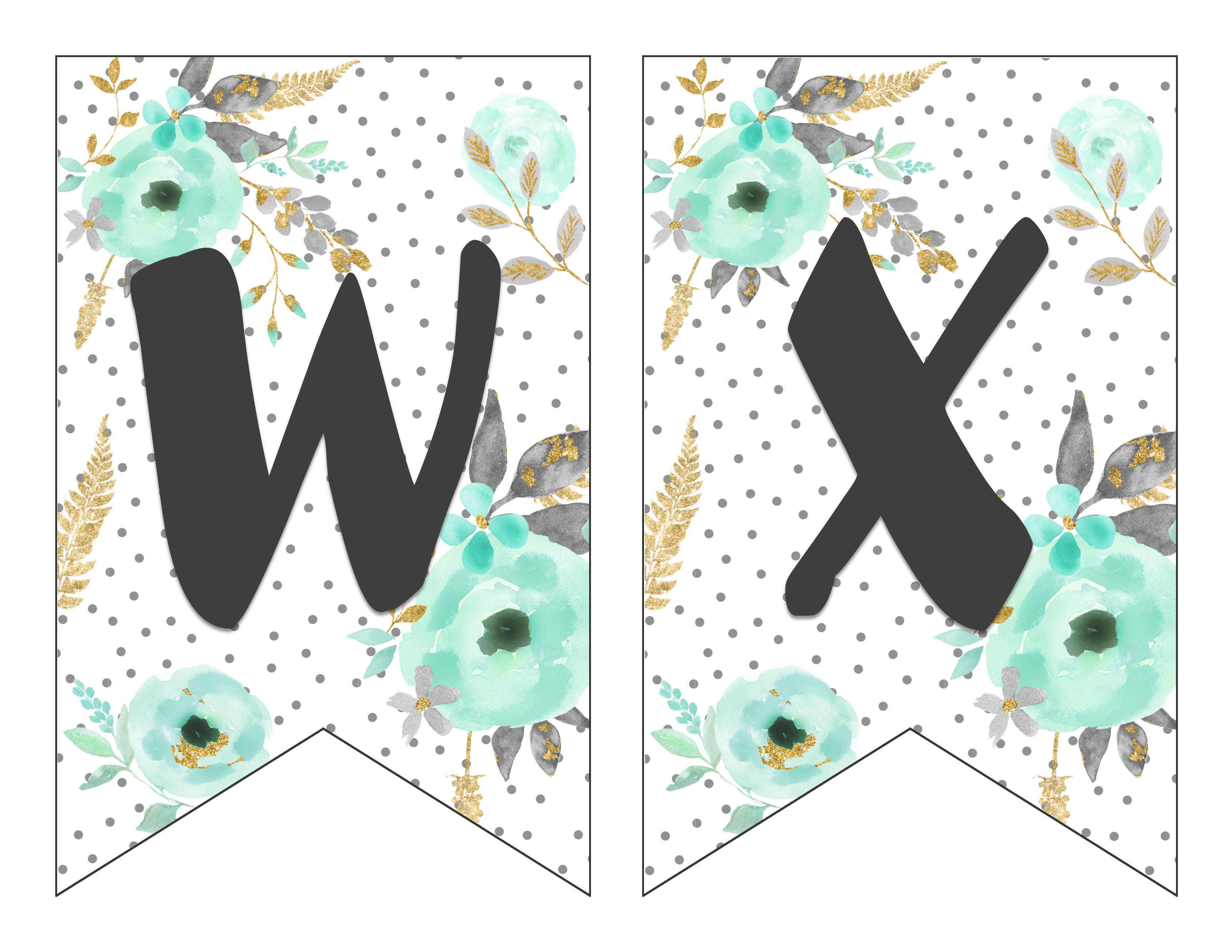 Free Printable Alphabet Banner Mint and Gold | Free Printable Letters for Banners | Free Printable Banner Letters Mint | Free Printable Banner Alphabet Mint | Decorating for your next party is easy when you download this gorgeous mint & gold floral alphabet banner on the Six Clever Sisters blog!!