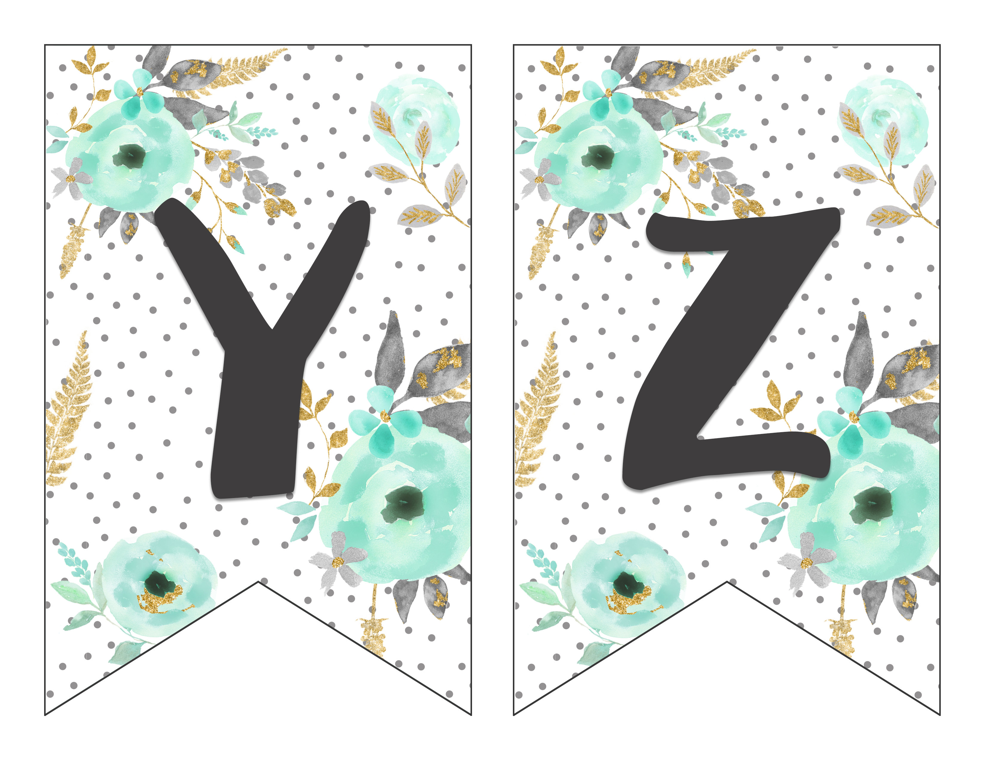 Free Printable Alphabet Banner Mint and Gold | Free Printable Letters for Banners | Free Printable Banner Letters Mint | Free Printable Banner Alphabet Mint | Decorating for your next party is easy when you download this gorgeous mint & gold floral alphabet banner on the Six Clever Sisters blog!!