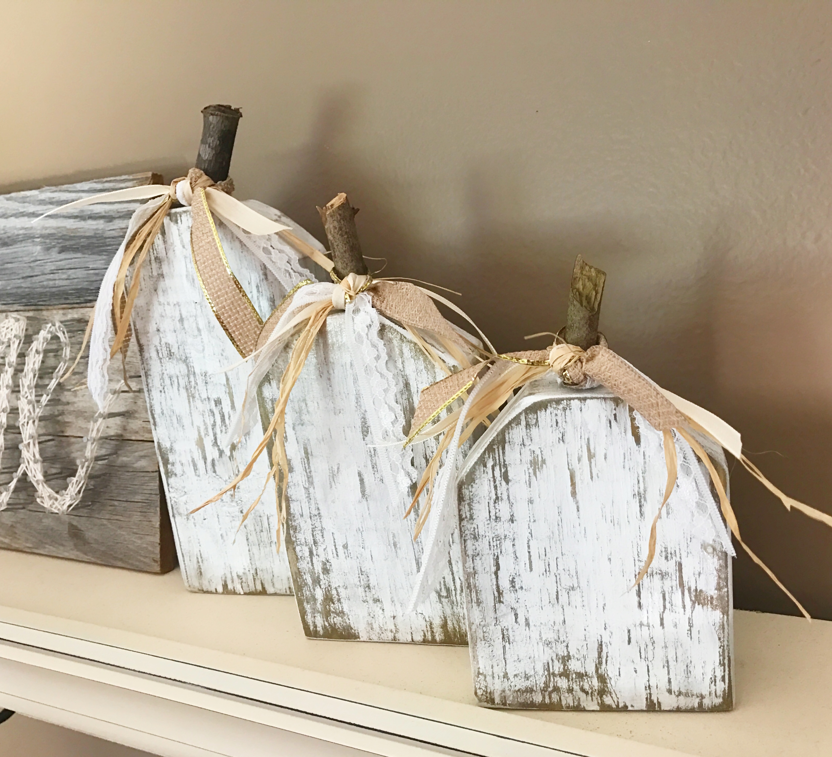 Chic-Rustic Pumpkin | Wood Pumpkin | Fall Decor | DIY Fall | Autumn | Fall Decor Ideas | DIY Pumpkin Decor | DIY Pumpkins | Shabby Chic | Farmhouse | Rustic | Home Decor | Home Decorating | Pumpkin Craft | Cream and Gold | Harvest | Wood | DIY Wood | Chic | Easy DIY Decor | Six Clever Sisters
