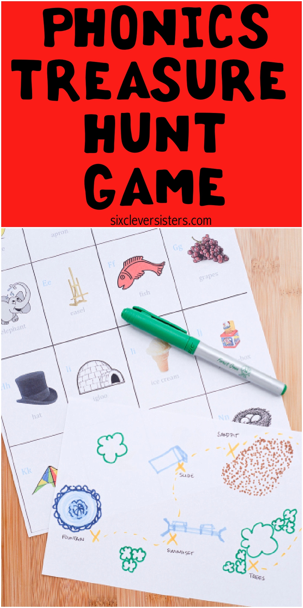 Phonics Games | Phonics Activities | Phonics Kindergarten | Phonics Games Kindergarten | Phonics Treasure Hunt Game | Game details on the Six Clever Sisters blog!