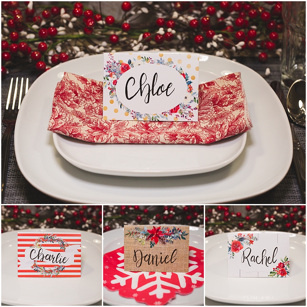 Christmas Table Place Cards | Christmas Name Place Cards | Christmas Table Decor | Christmas Table Settings | Christmas Table Name Tags Place Settings | Free printable table place cards for Christmas! 4 designs to download on the Six Clever Sisters blog.