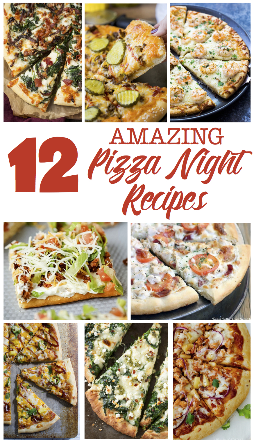 Amazing Pizza Night Recipes | Pizza | Recipe | Family Pizza Night | Pizza Recipes | Pizza Dough | Pizza Night Ideas | Pizza Night Party | Pizza Recipes Easy | Pizza Recipes Homemade | Pizza Recipes Healthy | Taco Pizza | Garlic Ranch Pizza | Pretzel Crust | Check out these 12 amazing pizza recipes at sixcleversisters.com!
