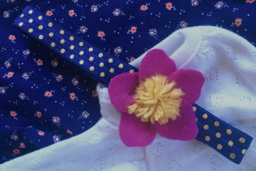 Baby headband stretchy polka dot floral easy diy baby gift baby project no-sew elastic headband navy and pink and mustard