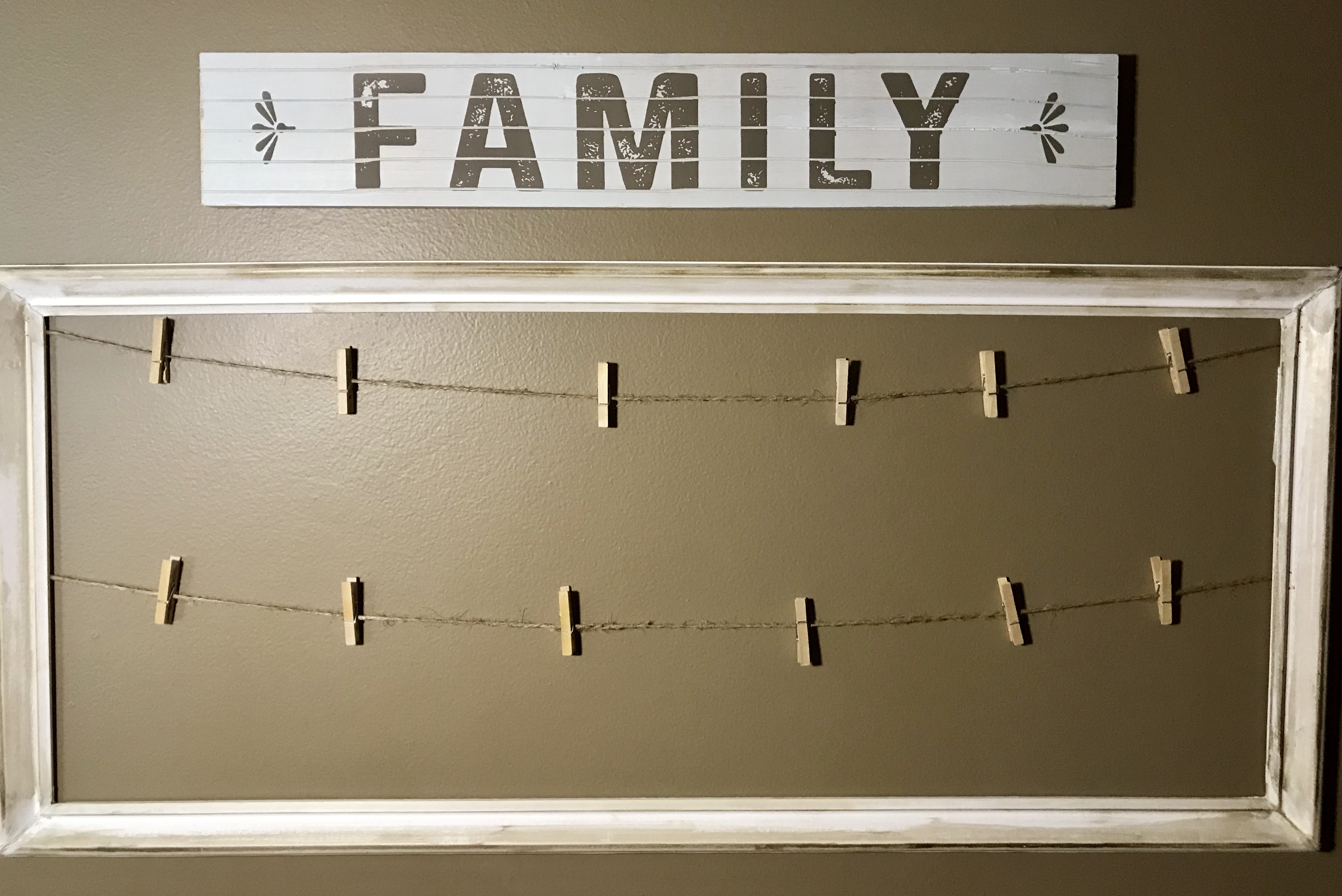 Clothespin Collage Frame | DIY Home | Photo | Wood Frame | Wood Decor | Budget Friendly Decor | Home Decor on a Budget | Photo Hanger | Clothespin Frame | Photo Collage | Tutorial on Six Clever Sisters!