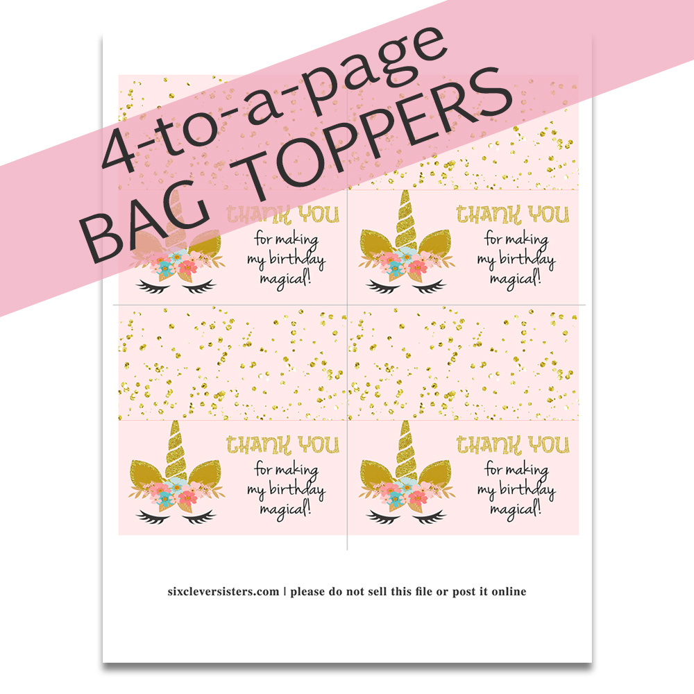 Unicorn Party | Unicorn Party Ideas | Unicorn Party Theme | Unicorn Party Decor | Unicorn Printable Free | Unicorn Printable Party | Unicorn Treat Bags | Unicorn Treat Bag Ideas | Unicorn Treat Bags DIY | Add a little sparkle to your unicorn party with these free treat bag printable. #unicorn #unicornparty #sixcleversisters