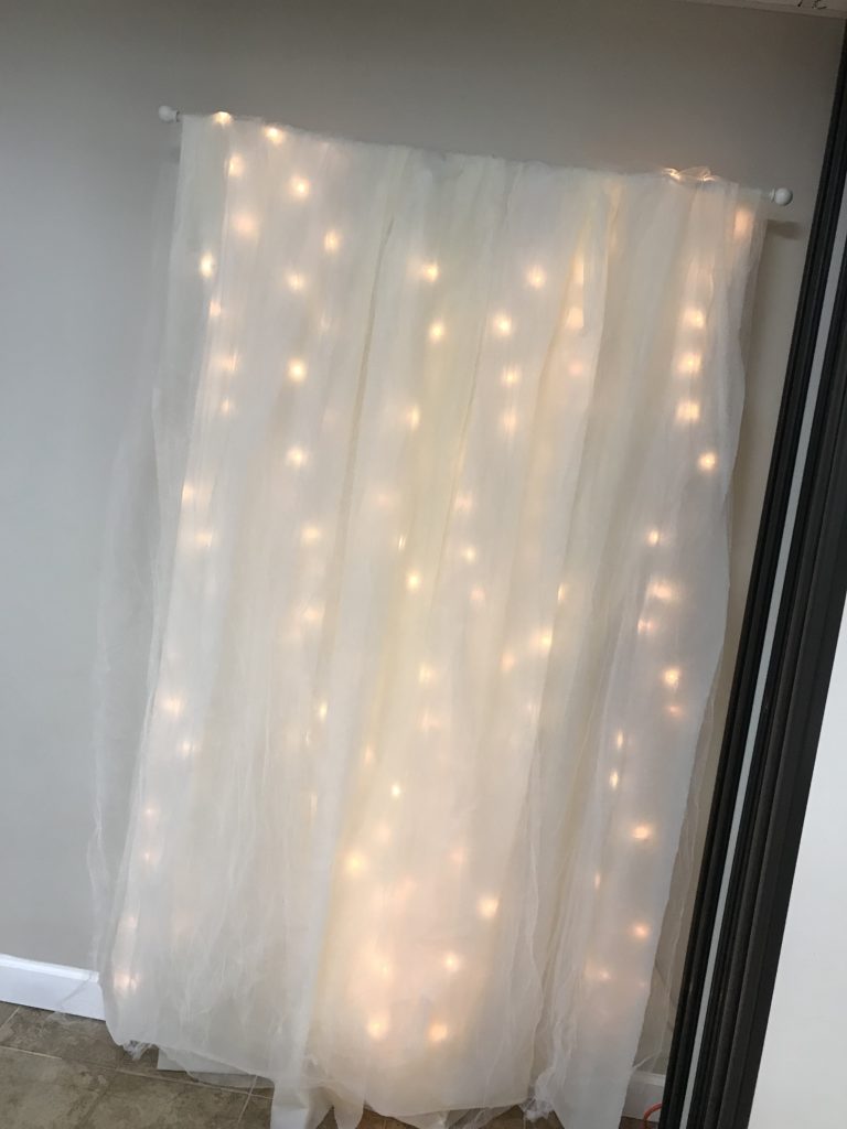 DIY Lit Tulle Backdrop | Bridal | Wedding | Bridal Shower | Wedding Shower | Photography Backdrop | Floral Decor | Backdrop | Background | Bride | Bride to Be | Wedding Shower Ideas | Shower on a Budget | Baby Shower | Simple Decorating Ideas | Easy Decor | Quick tutorial on Six Clever Sisters!