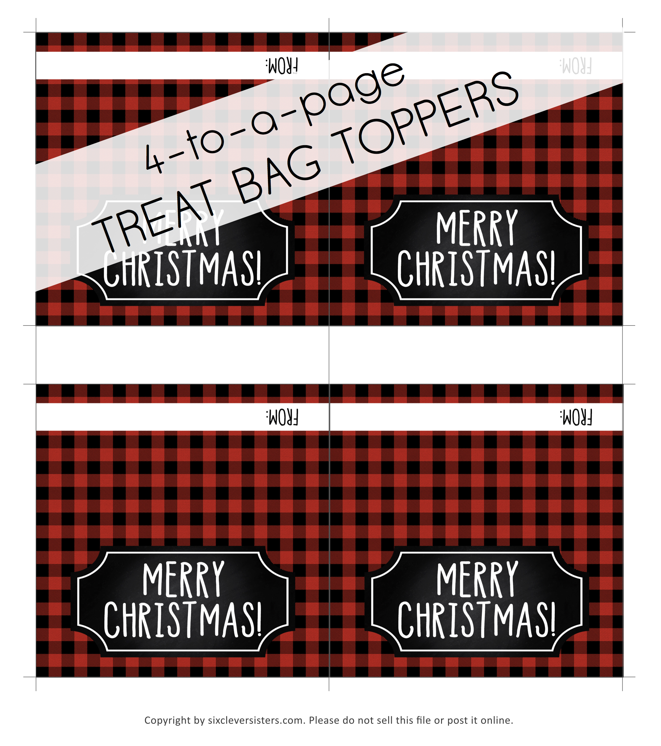 Buffalo Plaid Treat Bags | Buffalo Plaid Treat Bag Toppers | Buffalo Plaid Printable | Buffalo Plaid Party Printables | Free Buffalo Plaid Party Printables | Buffalo Plaid Christmas Printables | Treat Bag Ideas | Treat Bag Toppers | Treat Bag Topper Template | Christmas Treat Bag | 3 different free printable buffalo plaid treat bag toppers to attach to clear plastic treat bags. #buffaloplaid #treatbag #printables #sixcleversisters