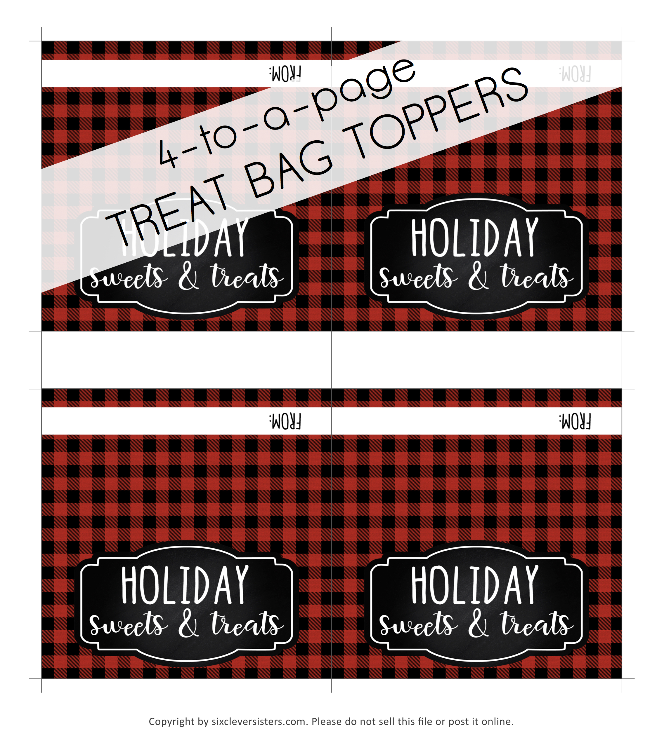 Buffalo Plaid Treat Bags | Buffalo Plaid Treat Bag Toppers | Buffalo Plaid Printable | Buffalo Plaid Party Printables | Free Buffalo Plaid Party Printables | Buffalo Plaid Christmas Printables | Treat Bag Ideas | Treat Bag Toppers | Treat Bag Topper Template | Christmas Treat Bag | 3 different free printable buffalo plaid treat bag toppers to attach to clear plastic treat bags. #buffaloplaid #treatbag #printables #sixcleversisters