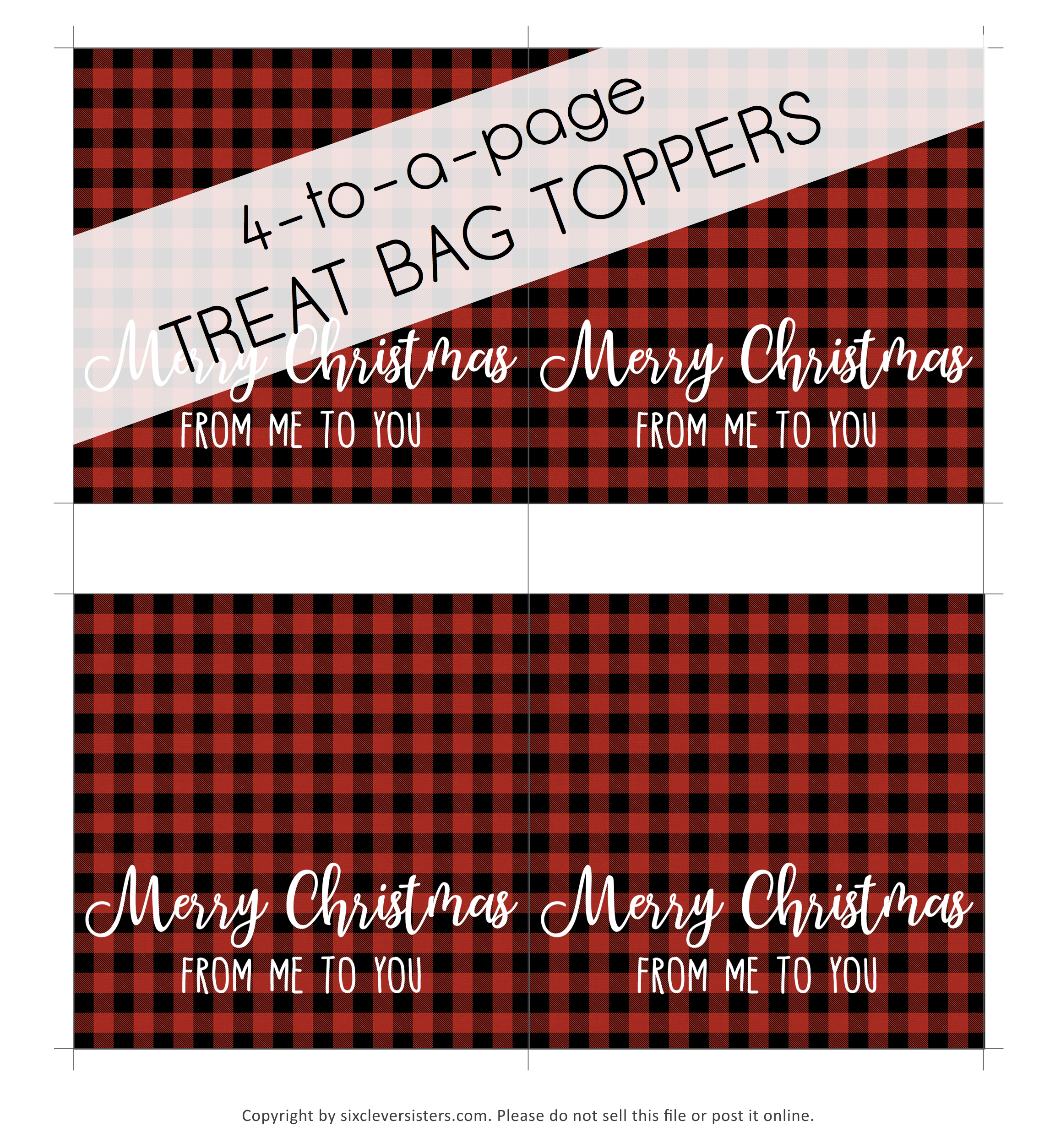 Buffalo Plaid Treat Bags | Buffalo Plaid Treat Bag Toppers | Buffalo Plaid Printable | Buffalo Plaid Party Printables | Free Buffalo Plaid Party Printables | Buffalo Plaid Christmas Printables | Treat Bag Ideas | Treat Bag Toppers | Treat Bag Topper Template | Christmas Treat Bag | 3 different free printable buffalo plaid treat bag toppers to attach to clear plastic treat bags. #buffaloplaid #treatbag #printables #sixcleversisters