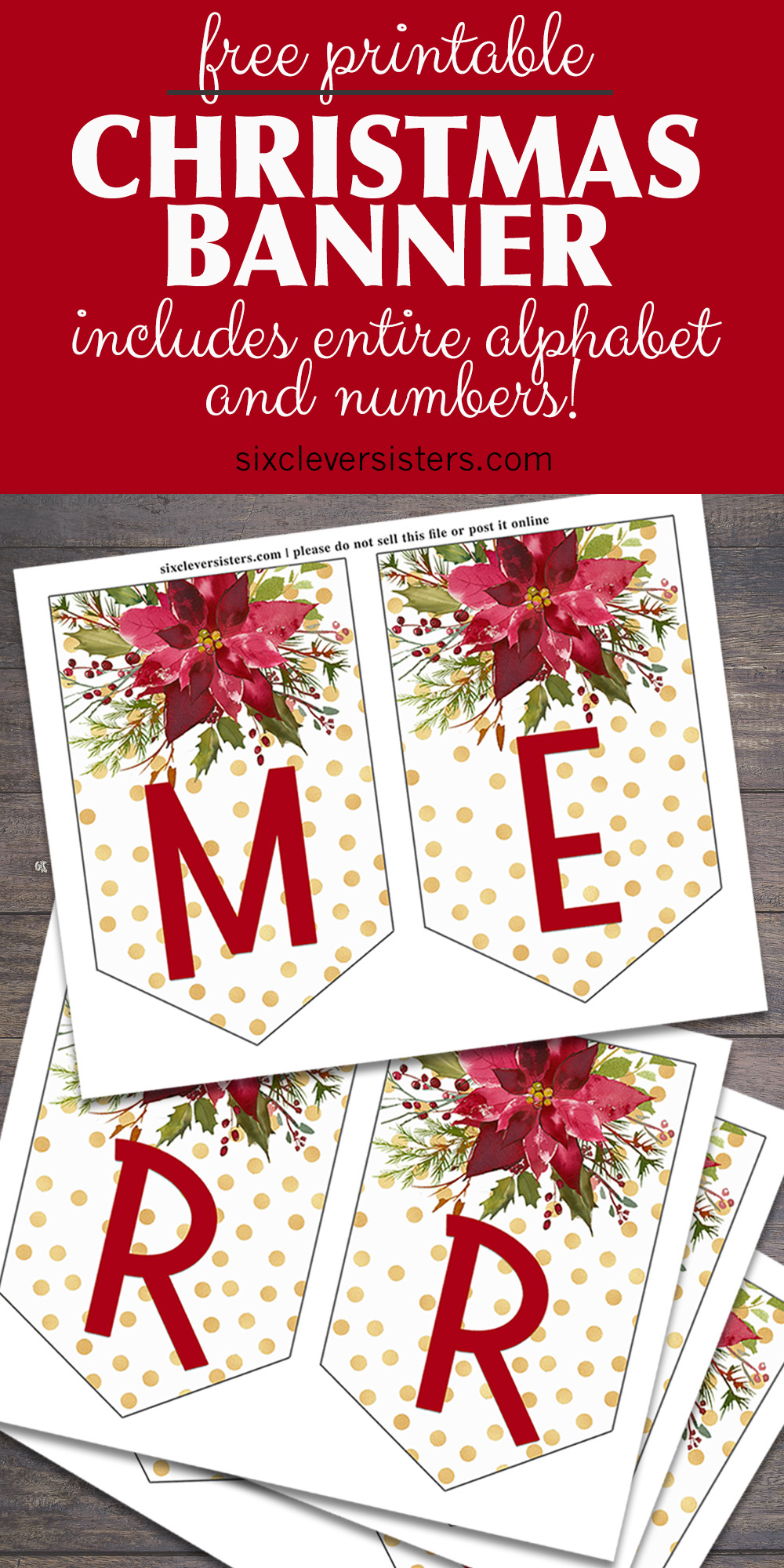 Printable Christmas Banner Letters | Printable Merry Christmas Banner | Printable Merry Christmas Banner | Free Printable Christmas Banner Templates | Printable Christmas Pennant Banner | DIY Printable Christmas Banner | Merry Christmas Printable Banner PDF | Printable Christmas Letters for Banner | Download this Christmas Banner on the Six Clever Sisters blog!