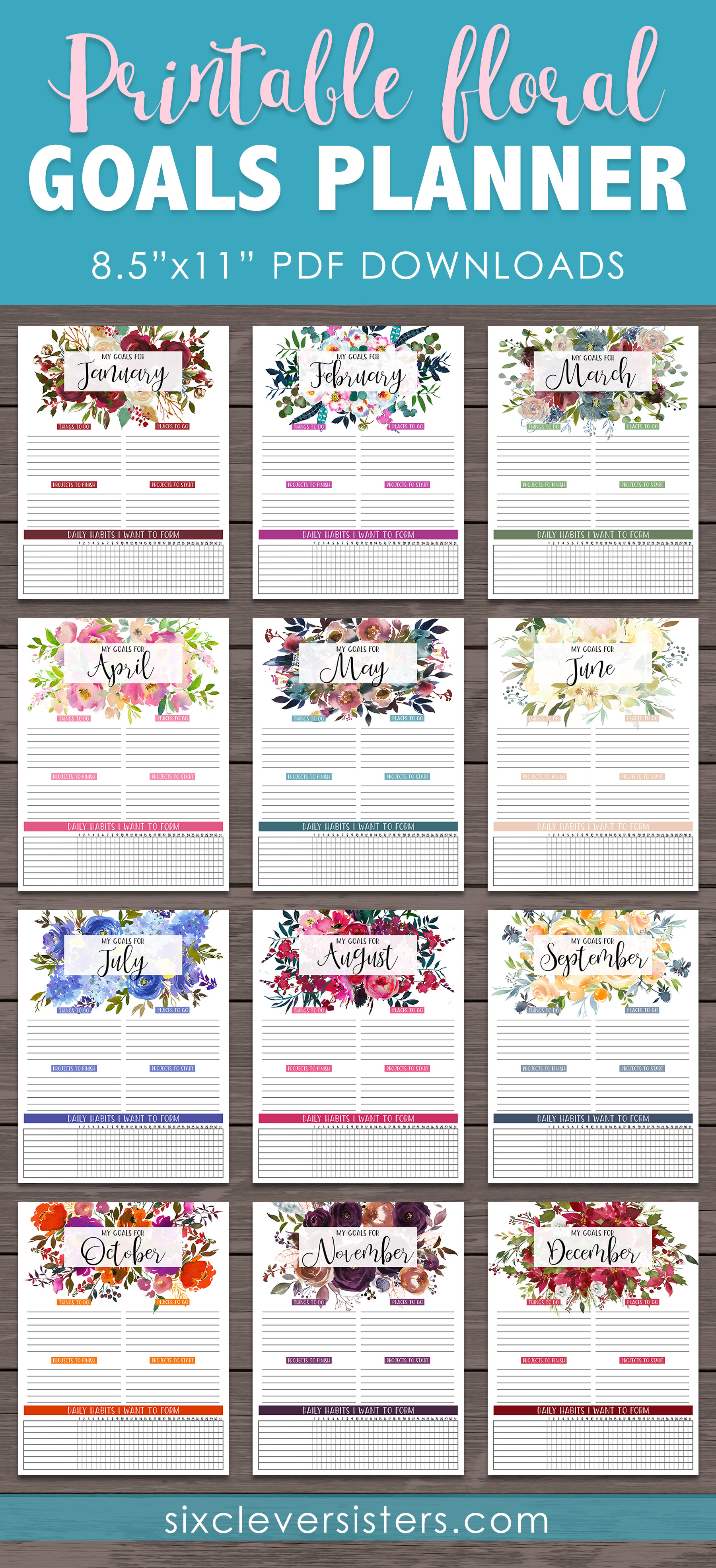 Monthly Goals Printable | Monthly Goal Planner | Monthly Goal Planner Free | Monthly Goal Planner Printable | Monthly Goals Printable Free | Monthly Goals | Monthly Goals Bullet Journal | Goals Planner Printable | Goals Planner DIY | Goals Planner Printable Free | Download our free printable floral GOALS PLANNER PAGES for each month! PDF's are on the Six Clever Sisters' blog!