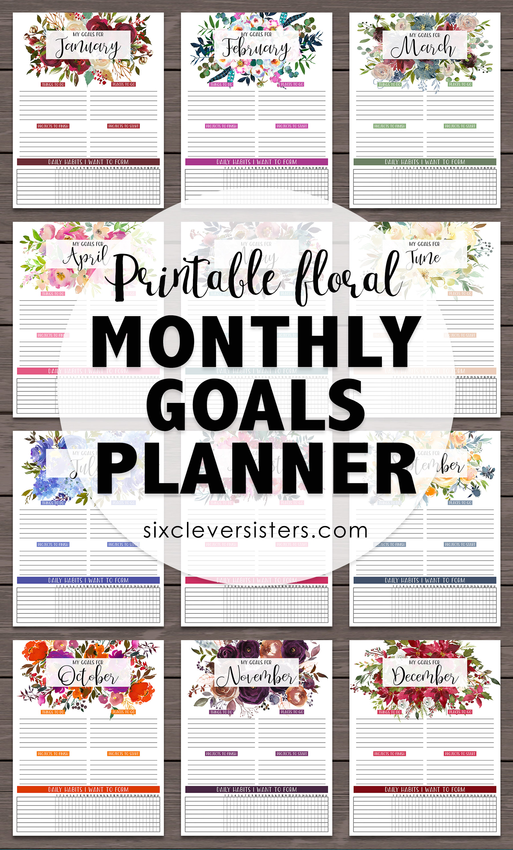 Monthly Goals Printable | Monthly Goal Planner | Monthly Goal Planner Free | Monthly Goal Planner Printable | Monthly Goals Printable Free | Monthly Goals | Monthly Goals Bullet Journal | Goals Planner Printable | Goals Planner DIY | Goals Planner Printable Free | Download our free printable floral GOALS PLANNER PAGES for each month! PDF's are on the Six Clever Sisters' blog!