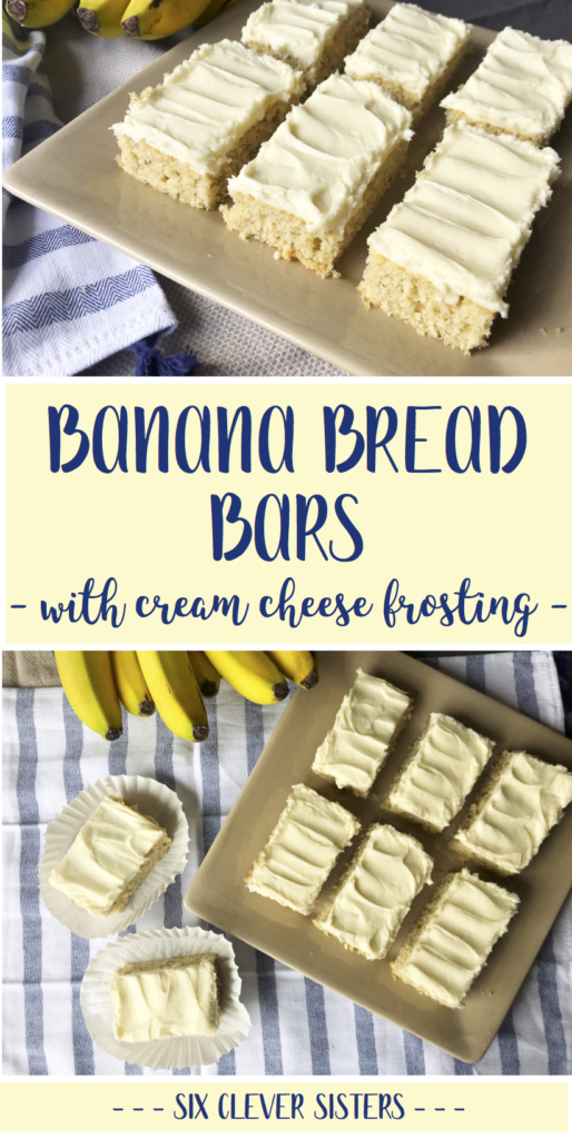 Banana Bread Bars | Sheet cake recipe | Banana Bread | Banana Cake | Banana Bars | Dessert for a Crowd | Bar Recipes | Cream Cheese Frosting | Cream Cheese Icing | Dessert | Banana Dessert | Recipe on Six Clever Sisters