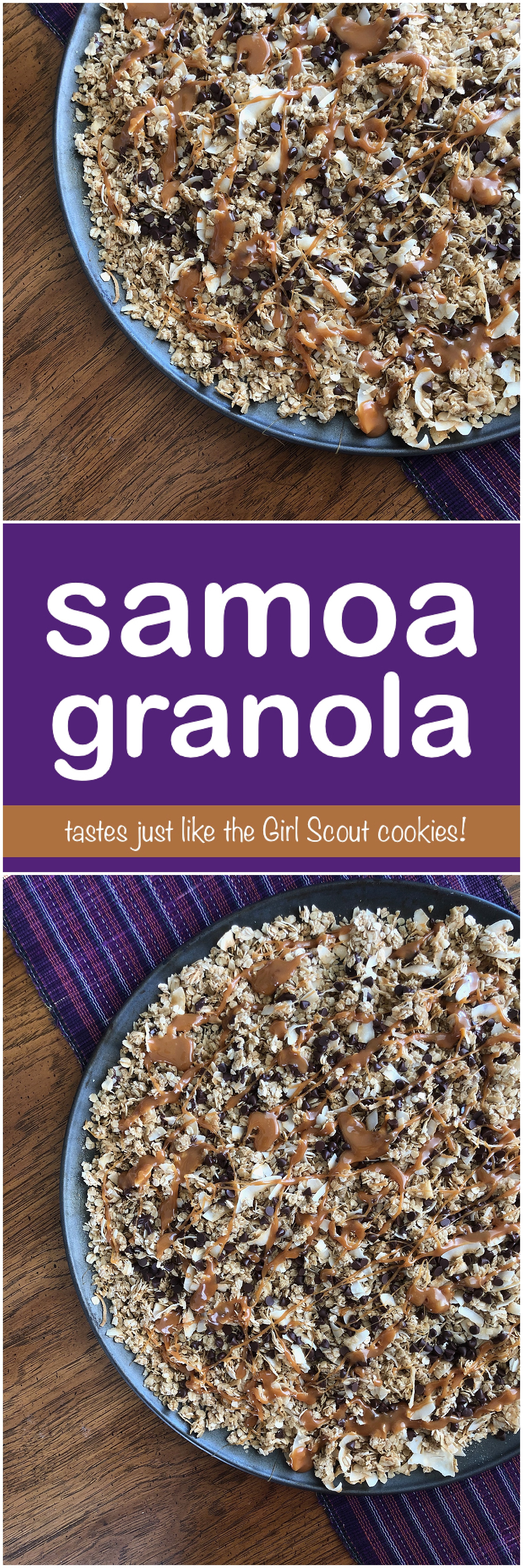 Samoa Granola | Samoa Copycat | Samoa Cookies | Girl Scout Cookies | Easy Recipe | Breakfast | Meal Planning | Breakfast Ideas | After School Snack | Coconut | Caramel | Chocolate | Homemade Granola | Six Clever Sisters