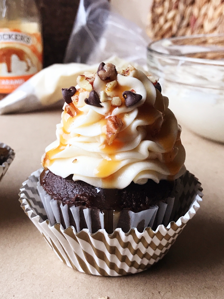 Chocolate Turtle Cupcakes with Caramel Buttercream | Cupcakes | Chocolate | Caramel | Easy Frosting Recipe | Buttercream | Caramel Buttercream | Cupcake Recipe | Pecan | Dessert | Easy Dessert | Cake | Turtle Cake | Recipe | Six Clever Sisters