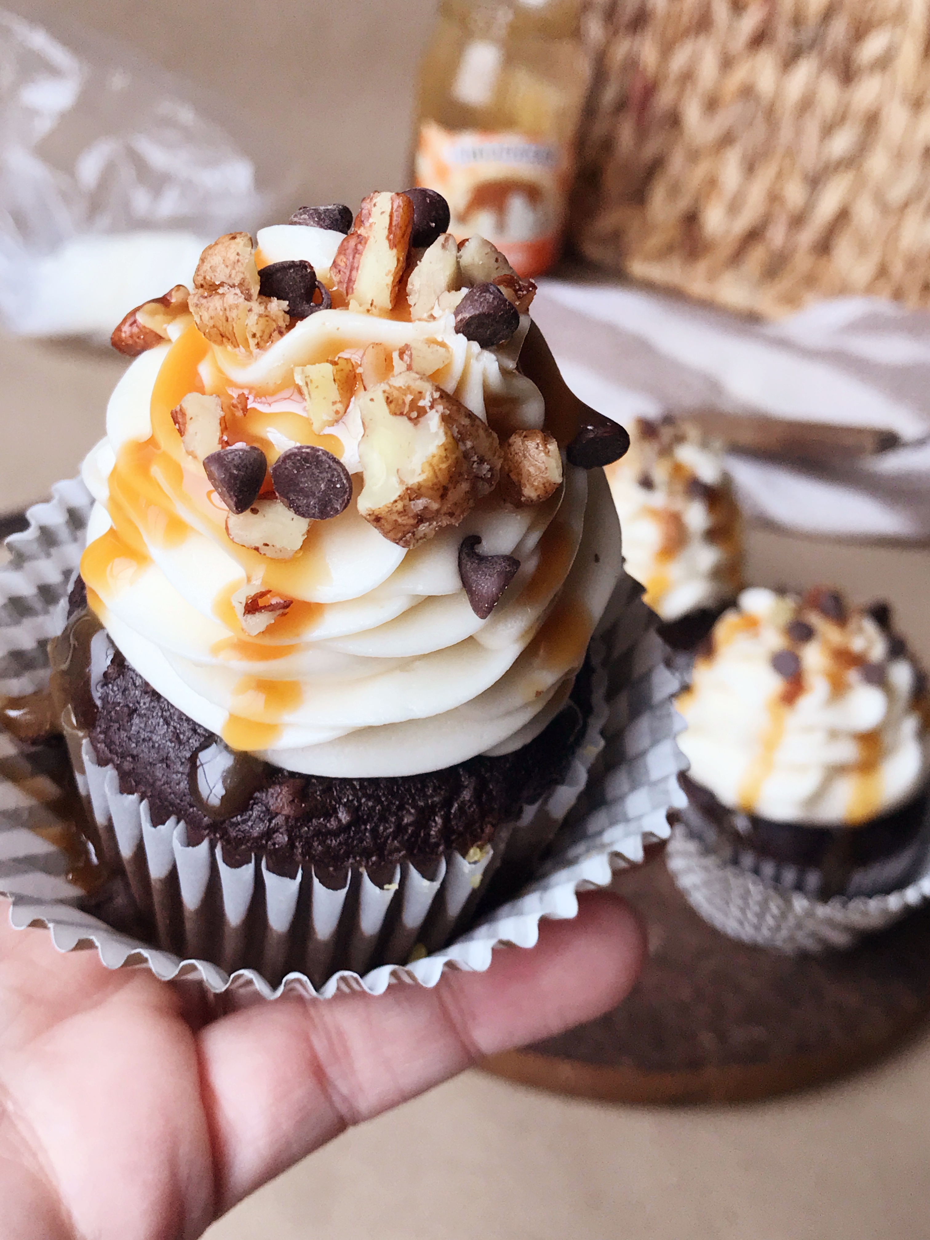 Chocolate Turtle Cupcakes with Caramel Buttercream | Cupcakes | Chocolate | Caramel | Easy Frosting Recipe | Buttercream | Caramel Buttercream | Cupcake Recipe | Pecan | Dessert | Easy Dessert | Cake | Turtle Cake | Recipe | Six Clever Sisters