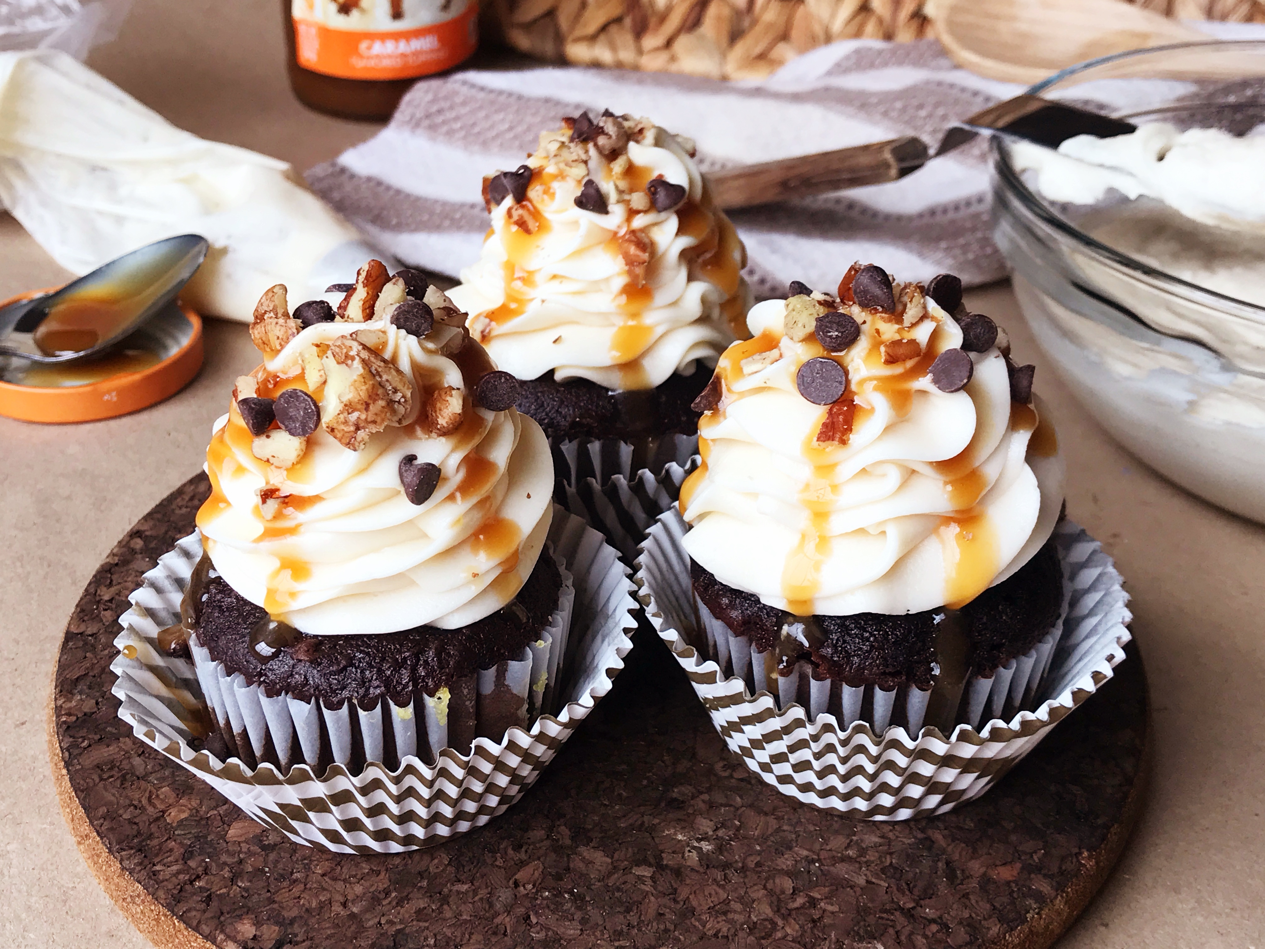 Chocolate Turtle Cupcakes with Caramel Buttercream | Cupcakes | Chocolate | Caramel | Easy Frosting Recipe | Buttercream | Caramel Buttercream | Cupcake Recipe | Pecan | Dessert | Easy Dessert | Cake | Turtle Cake | Recipe | Six Clever Sisters