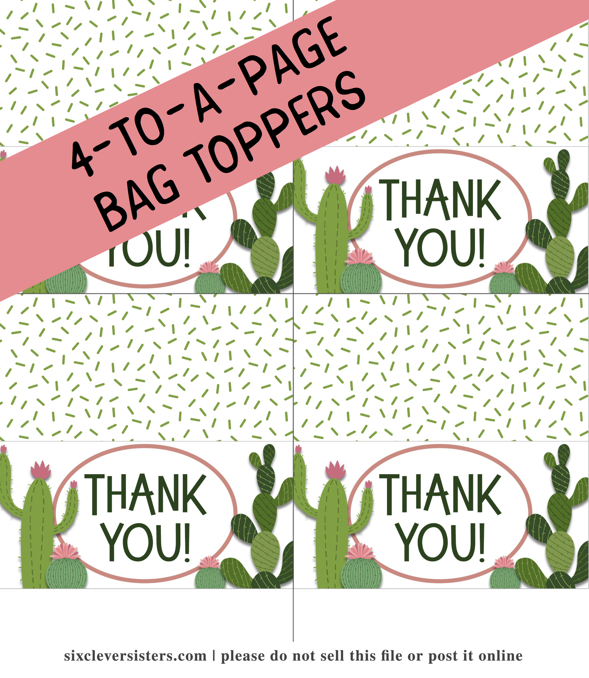 Cactus Party | Cactus Party Decor | Cactus Party Favor Bags | Cactus Party Decoration | Cactus Party Theme | Cactus Party Favors | Cactus Party Favors | Kids Cactus Party Decorations | Cactus Party Favors | Diy Cactus Party Ideas | Cactus Birthday Party | Planning a cactus theme party? These free printable cactus party treat bags are perfect for your fiesta party or cactus baby shower! #cactus #cactusparty #cactuspartyfavors #partyfavors #cactuspartydecor #cactuspartytheme #treatbags #treatbagtoppers #bagtoppers #fiestaparty #sixcleversisters