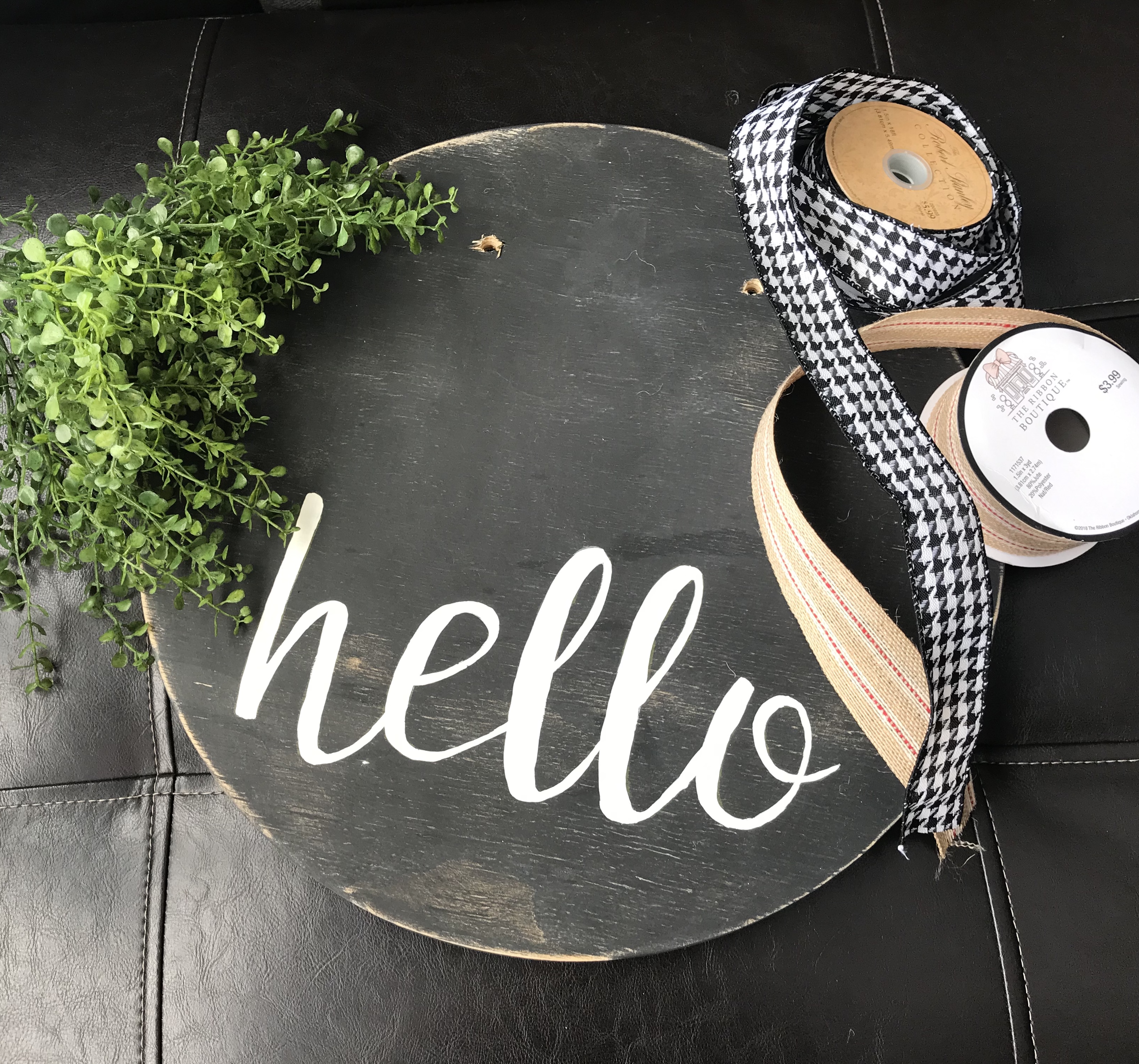 DIY Front Door Hello Sign | Wood Sign | Wood Sign Tutorial | Hello Sign | Lettering | How to Make a Wood Sign | Fall | Autumn | Fall Decor | Winter 2019 | Buffalo Plaid | Burlap | Rustic | Farmhouse | Chic | Home | Home Decor | How to | Six Clever Sisters